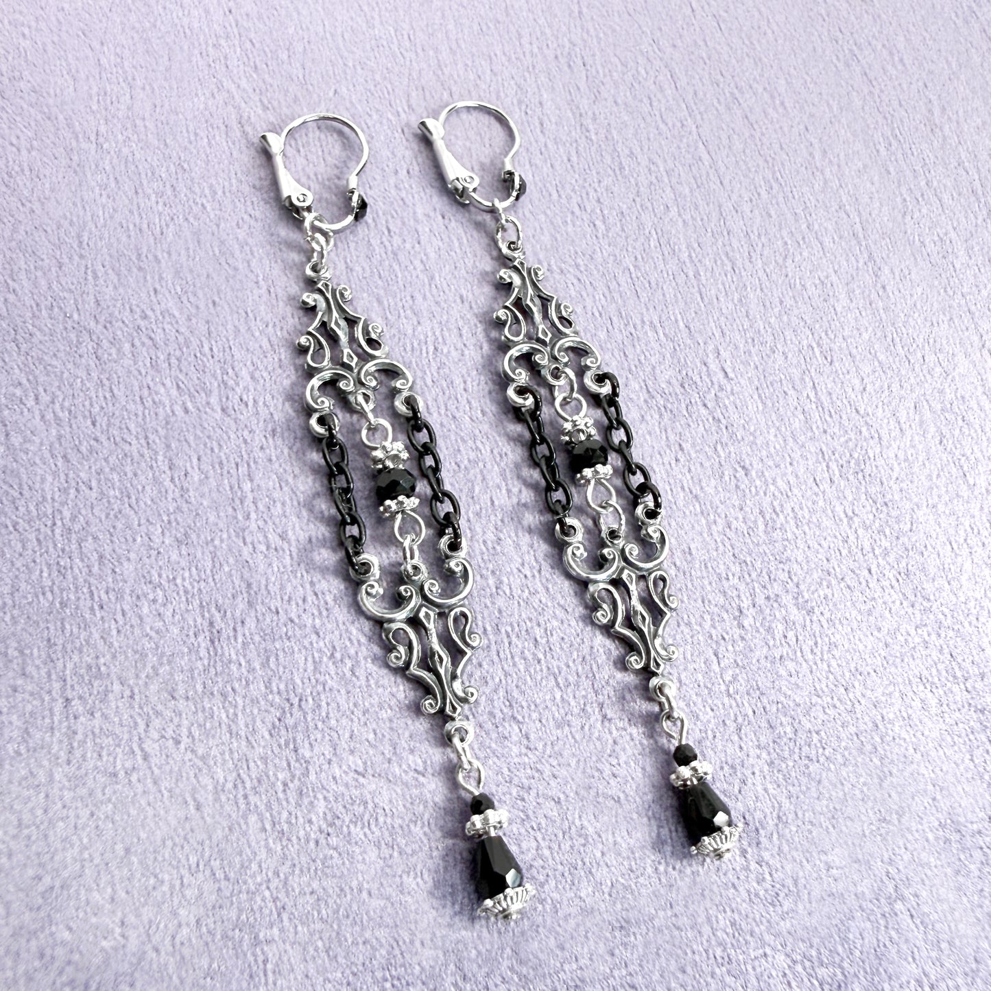 Silver Plated Nouveau Ornament and Black Bead Earrings