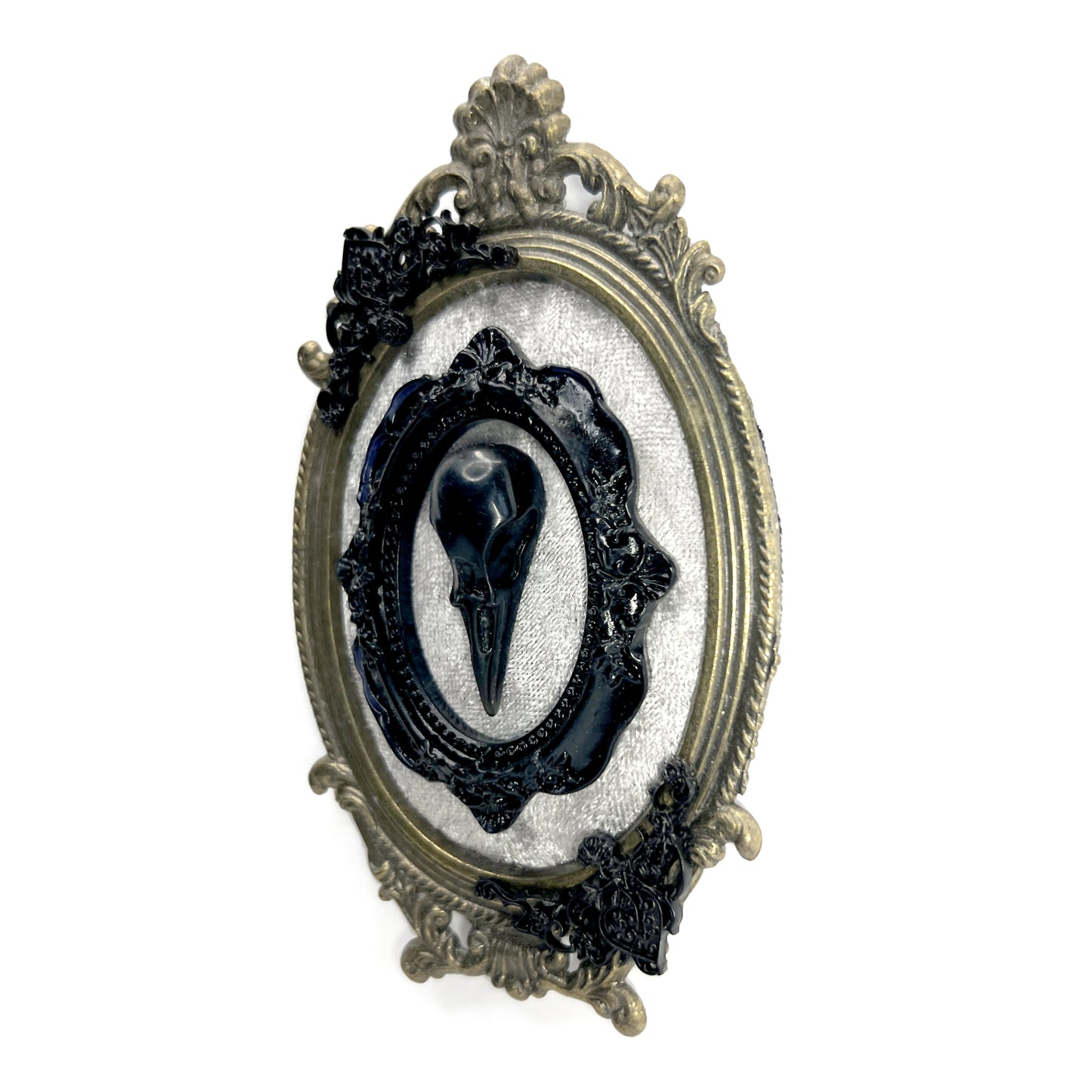 Black Resin Bird Skull on Grey Velvet Antique Framed Home Deco