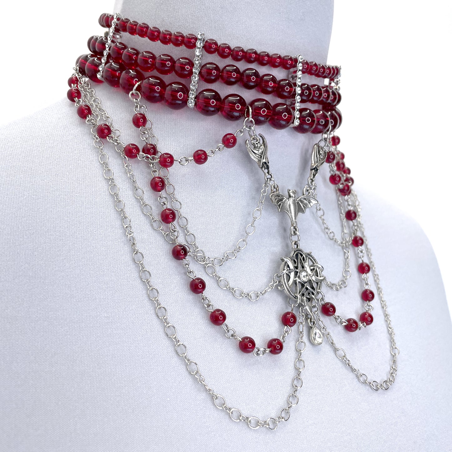 Red Bead Choker with Bats and Pentacle Multistrand Gothic Necklace