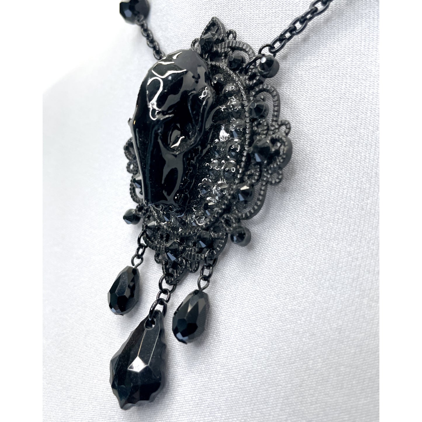 Black Bat Skull and Beads Gothic Necklace