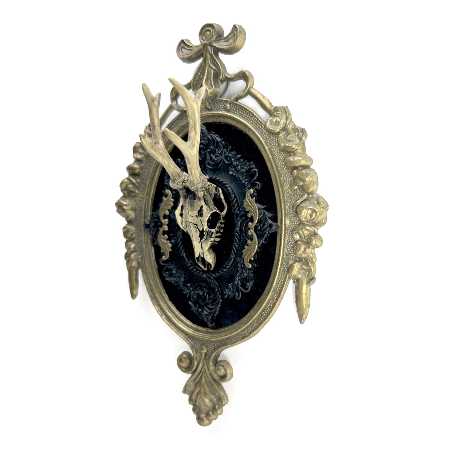 Resin Deer Skull on Black Velvet Antique Framed Home Deco