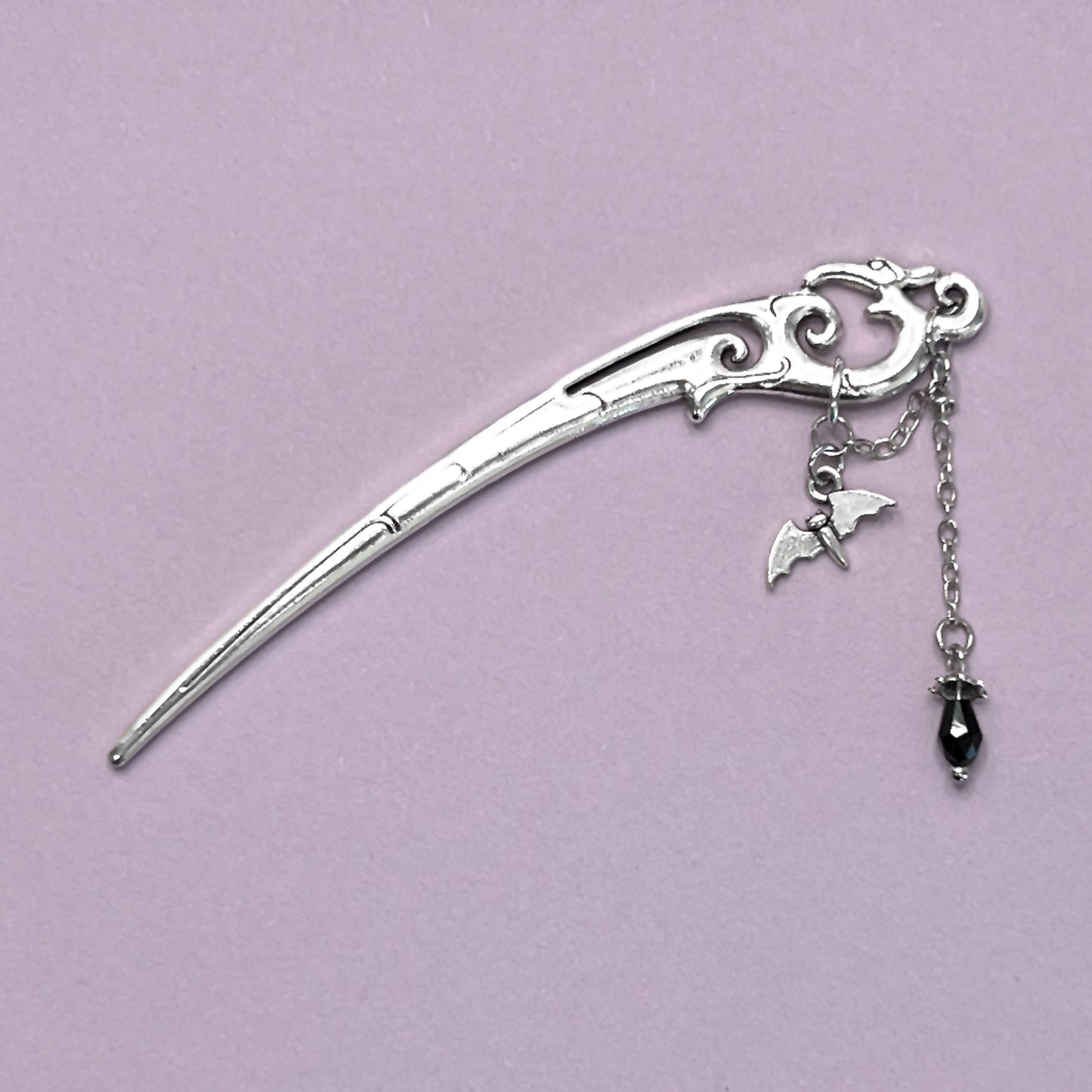 Flying Bat and Black Bead Silver Hair Stick