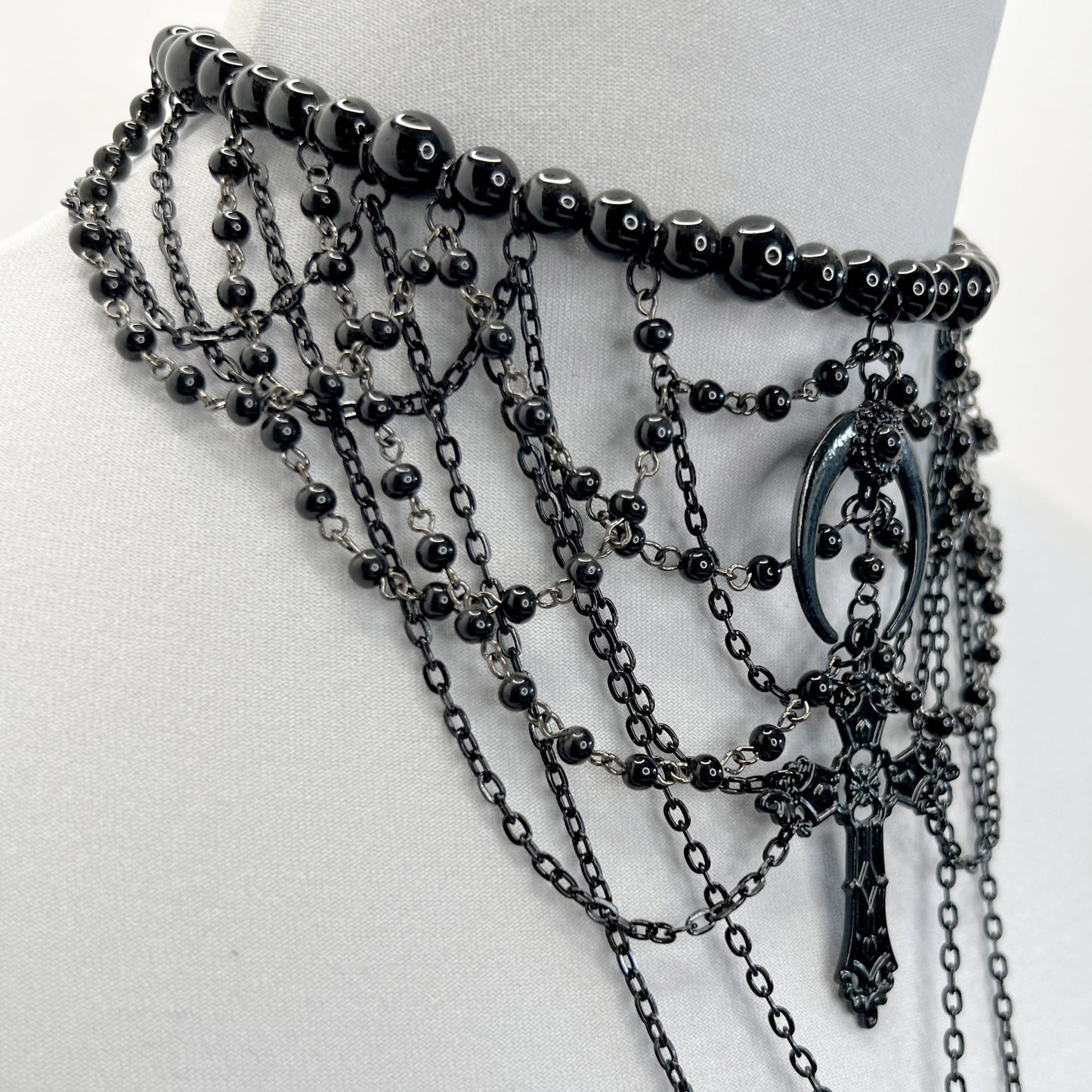 Black Multi-Strand Beaded Gothic Necklace with 4 Pendants
