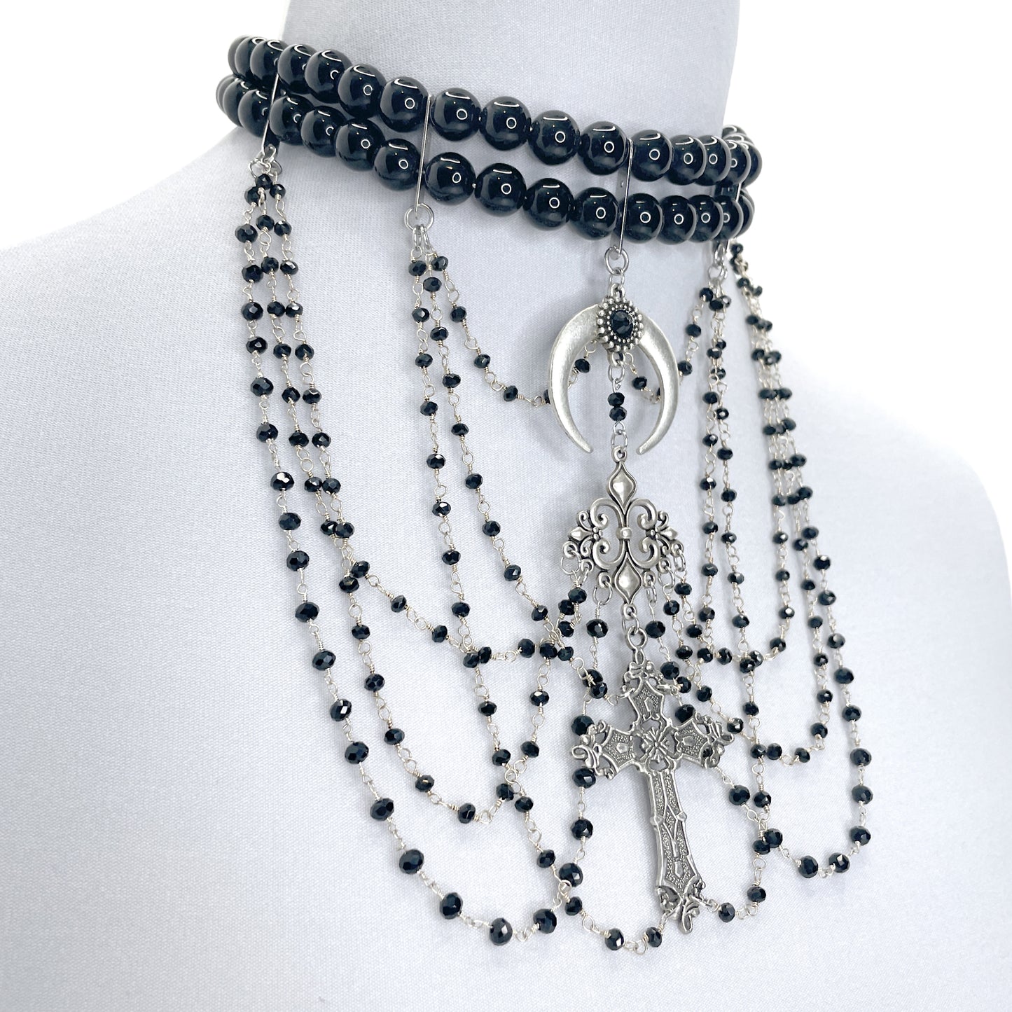 Black Bead Choker with Moon and Cross Multistrand Gothic Necklace