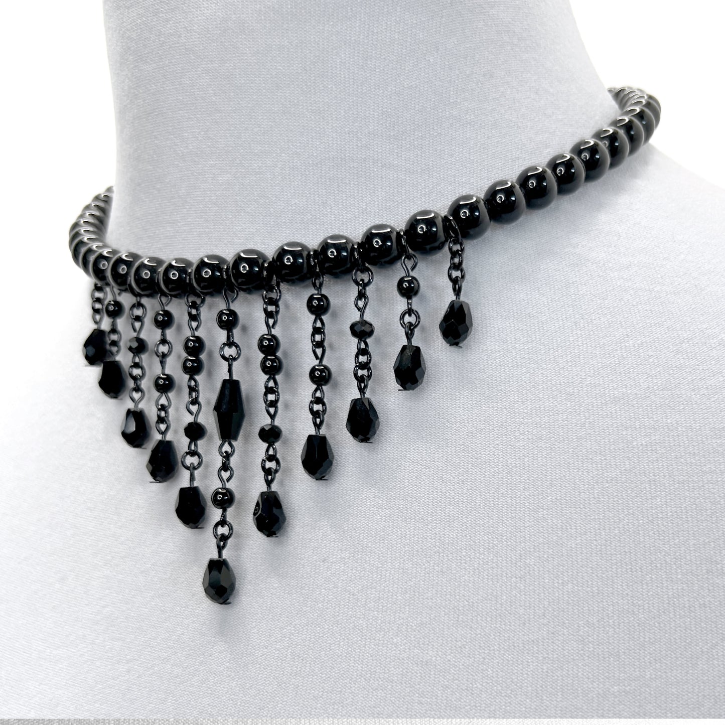 Black Glass Bead Fringe Gothic Choker Necklace