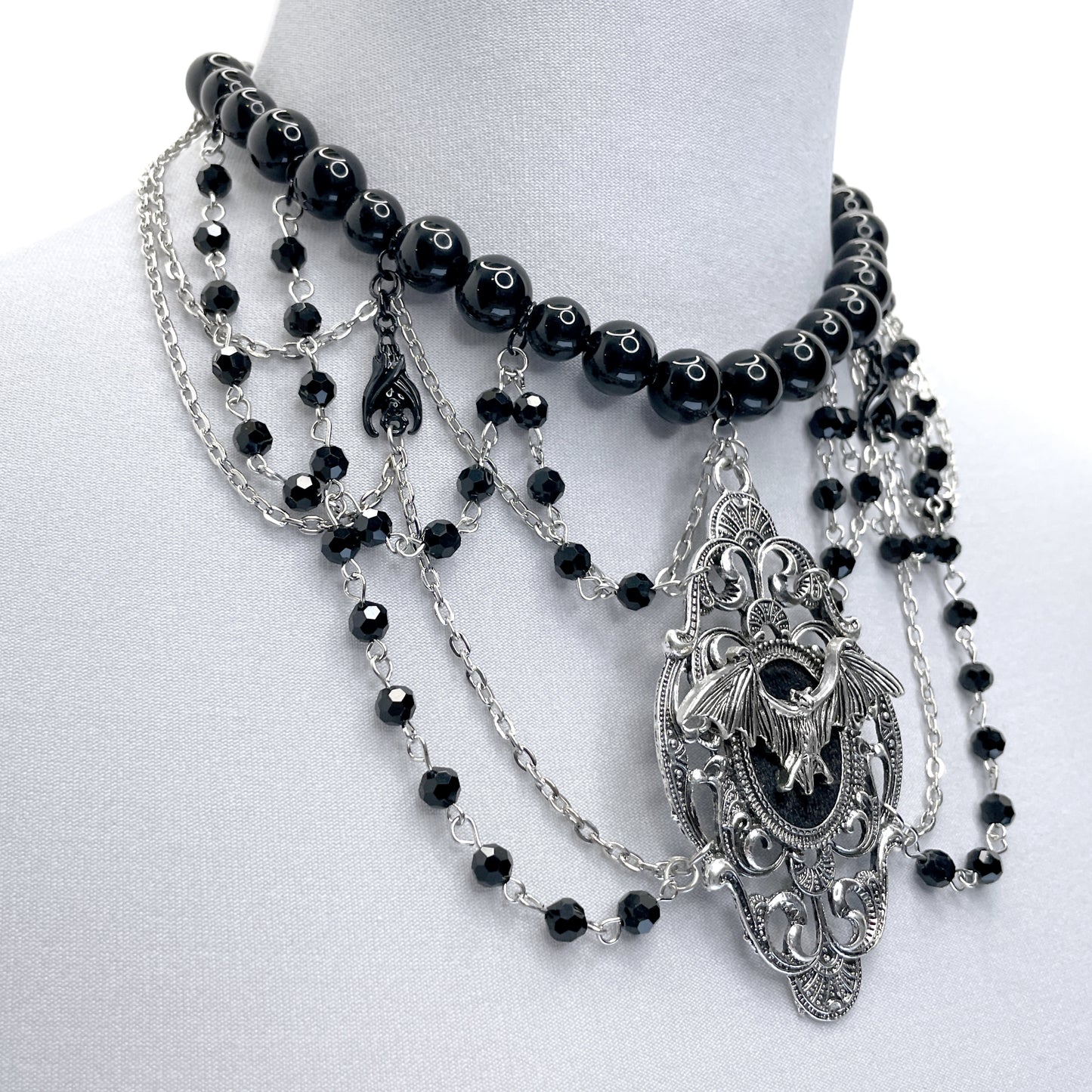 Silver and Black Multi-Strand Gothic Necklace with Bat