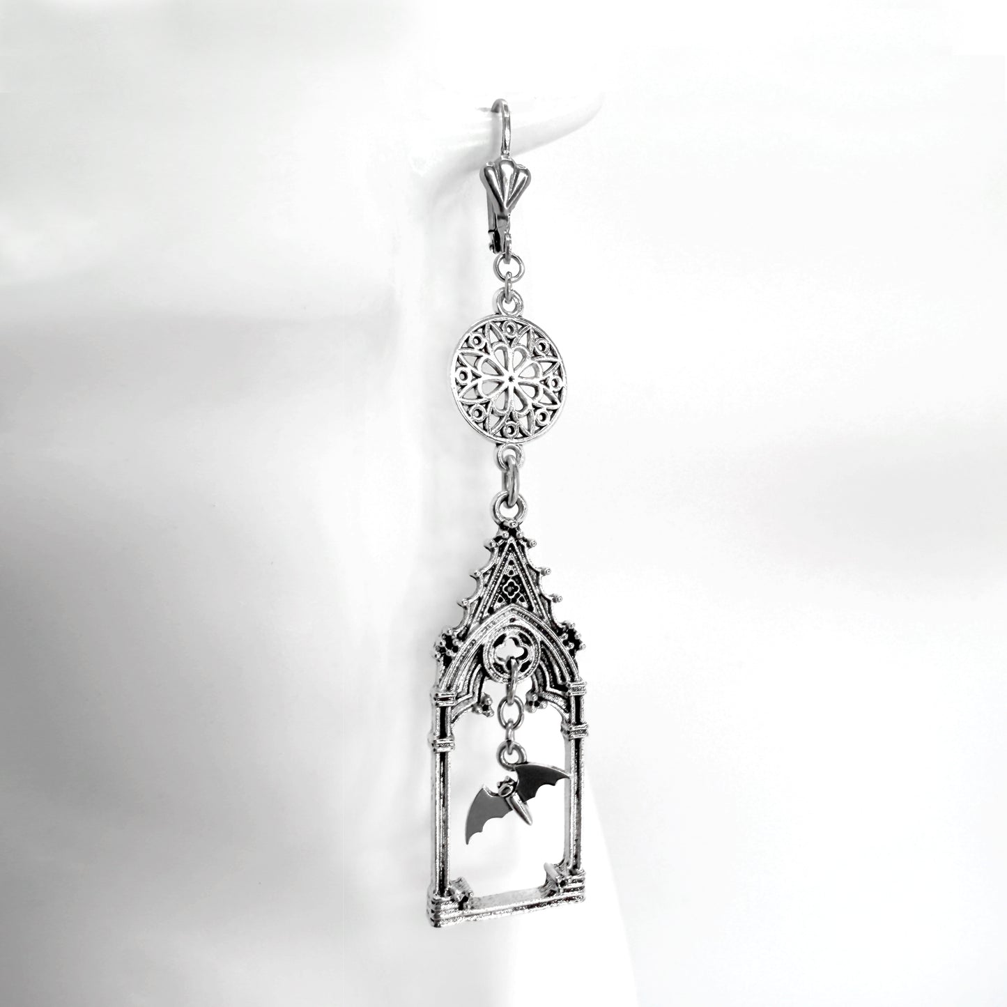 Gothic Cathedral and Flying Bat Earrings