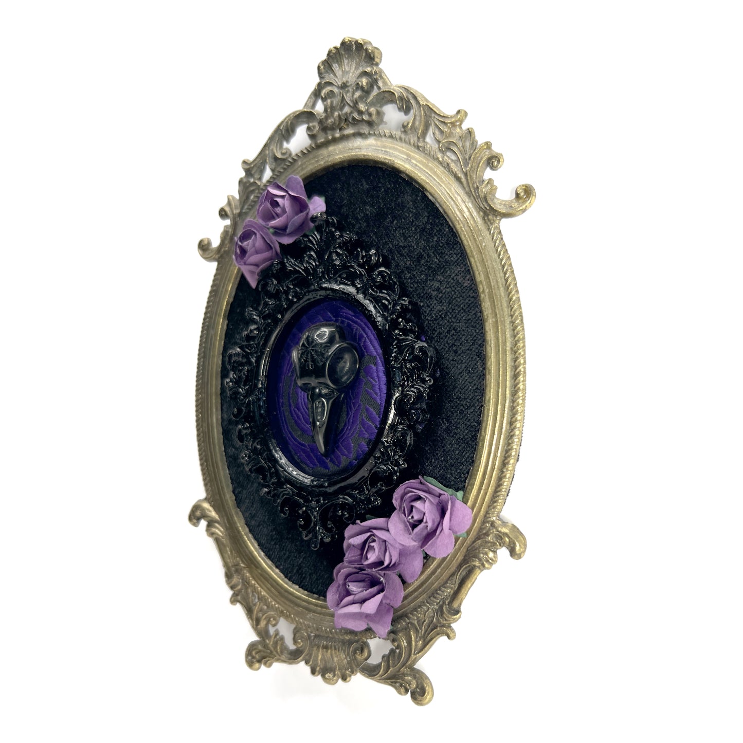 Black Resin Bird Skull on Black & Purple Antique Framed Home Deco