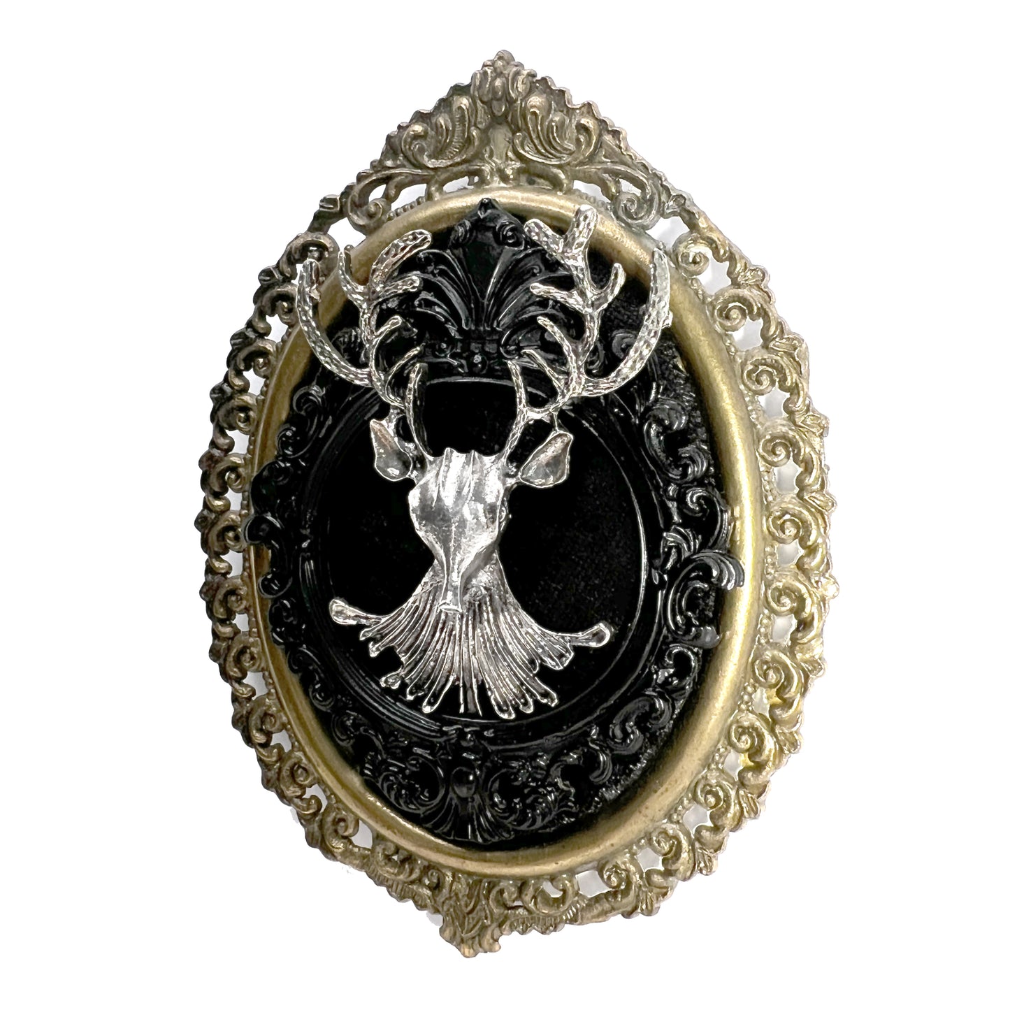 Silver Deer Head on Black Velvet Antique Framed Home Deco