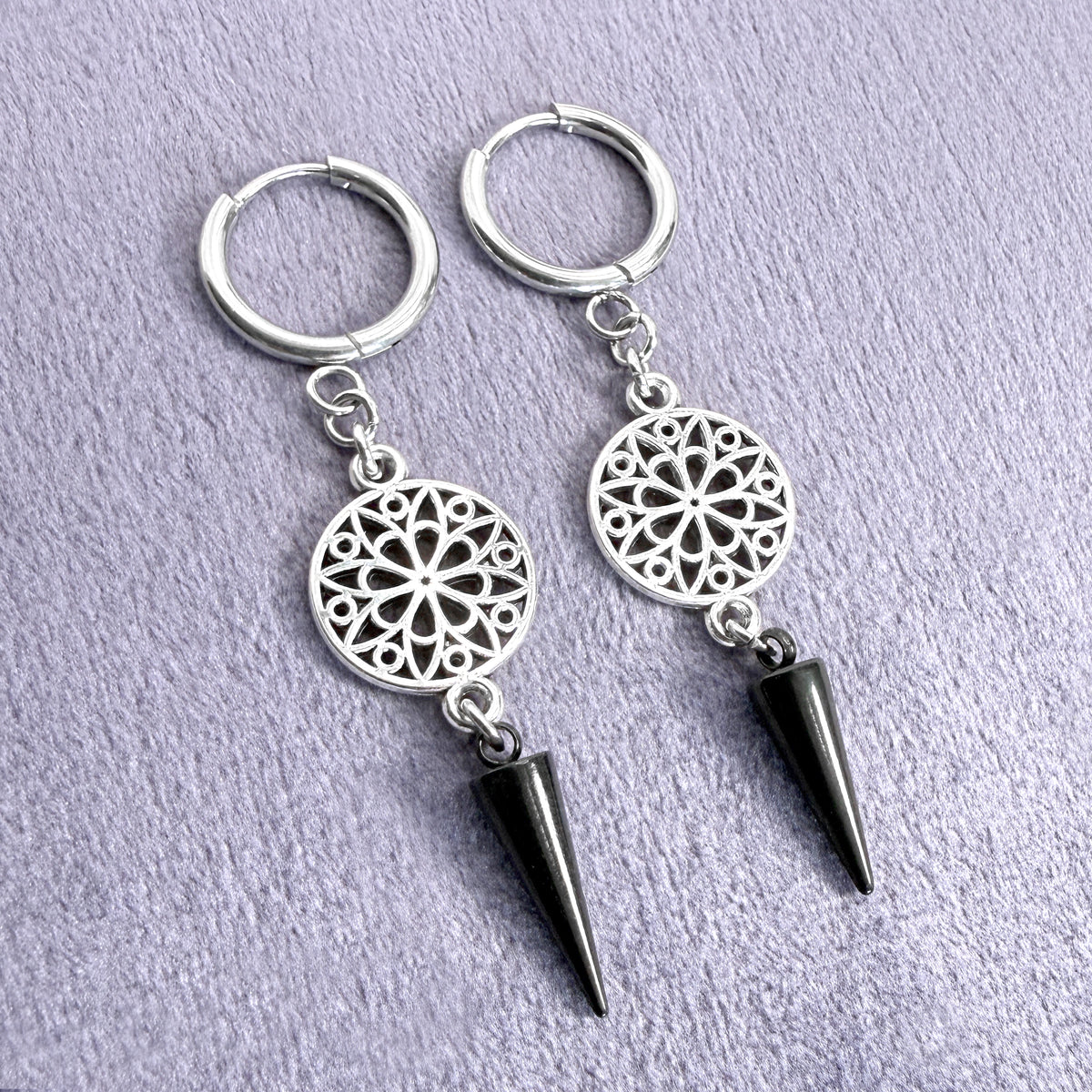 Silver Rose Window and Black Spike Earrings