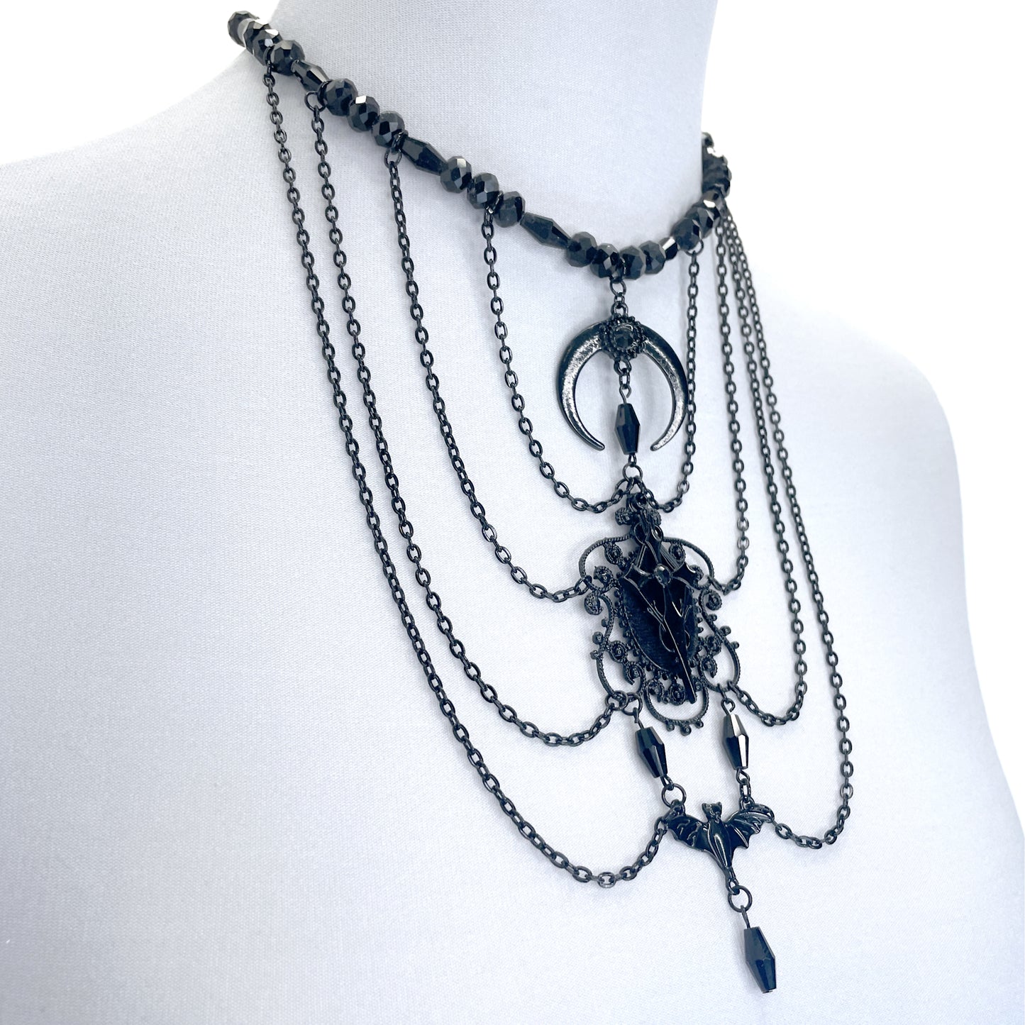 Black Multi-Strand Gothic Necklace with Moon, Cross, and Bat