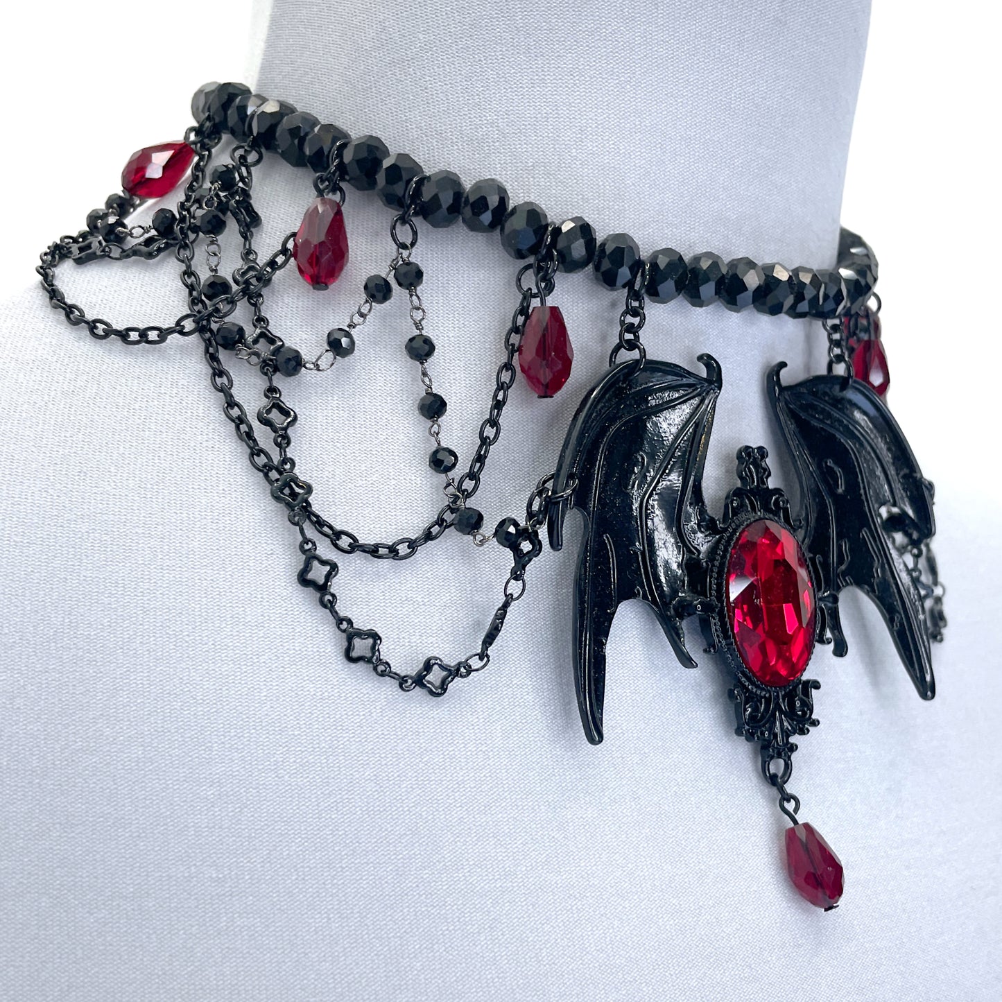 Black and Red Beaded Gothic Necklace with Large Wings Pendant