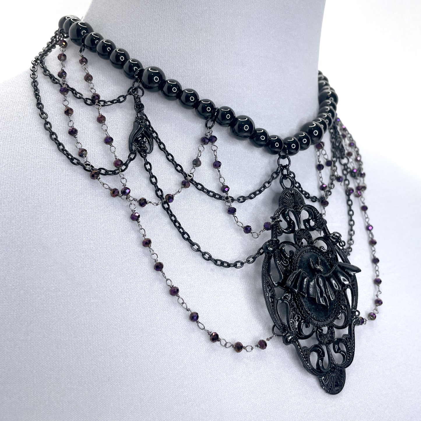 Black and Purple Beaded Gothic Necklace with Bat