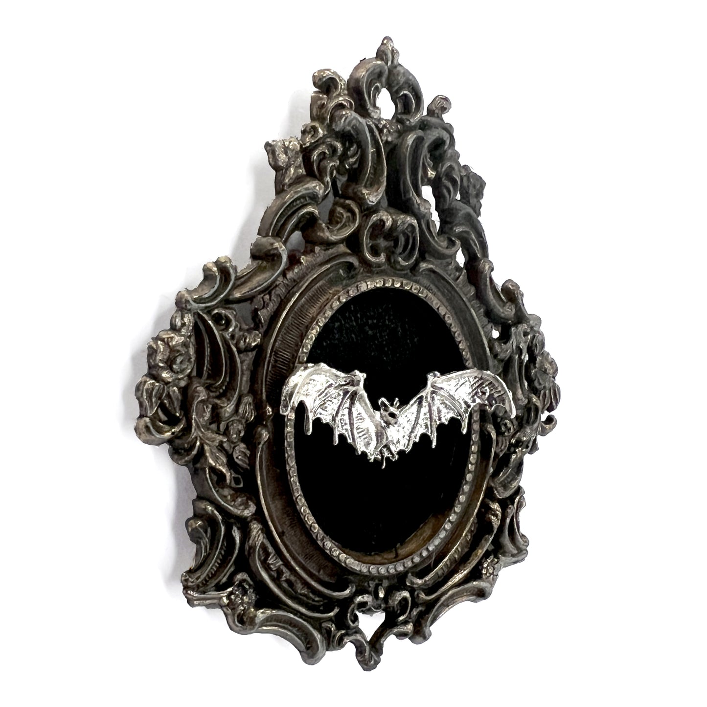Tiny Silver Flying Bat Antique Framed Gothic Home Deco