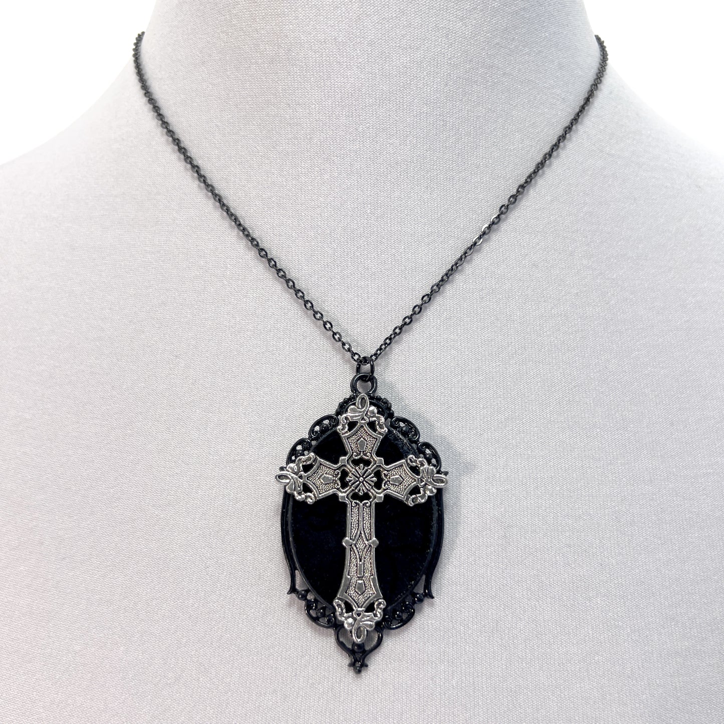Silver Gothic Cross on Black Velvet Necklace