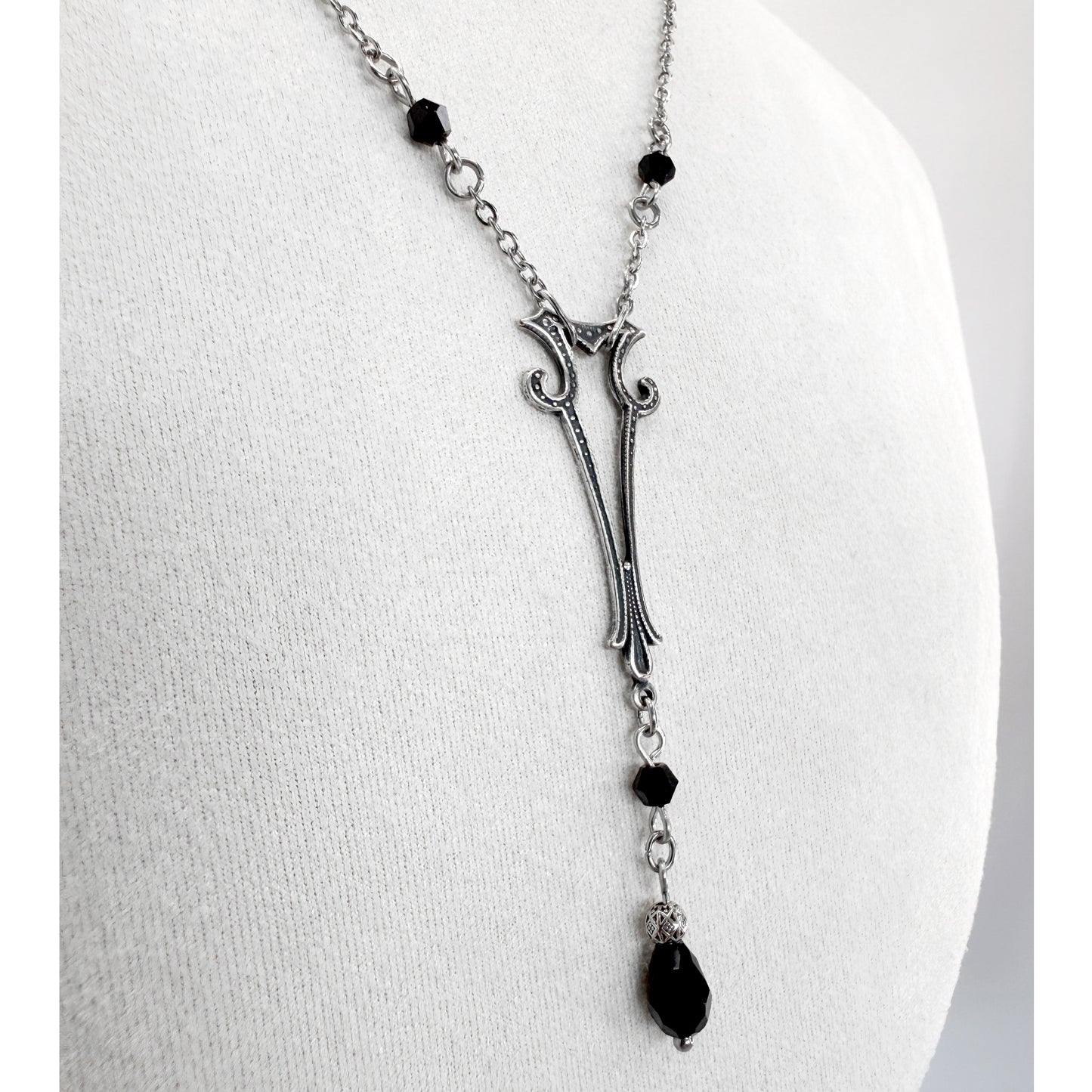 Silver Art Nouveau Charm with Black Beads and SIlver Chain Long Gothic Necklace