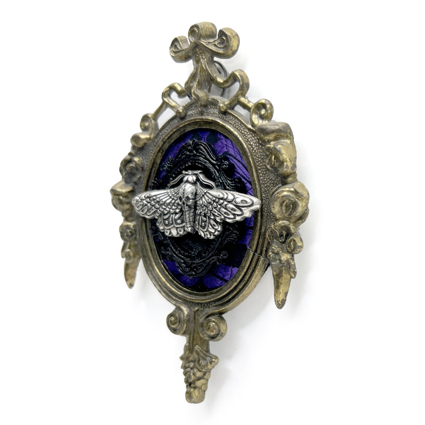 Silver Death Head Moth on Black and Purple Antique Framed Home Deco
