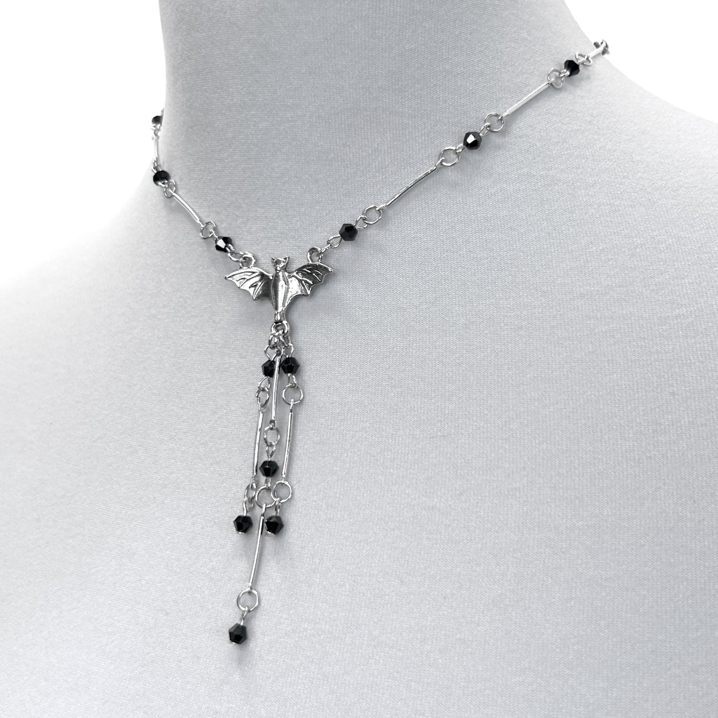 Silver Bat and Black Beads Necklace