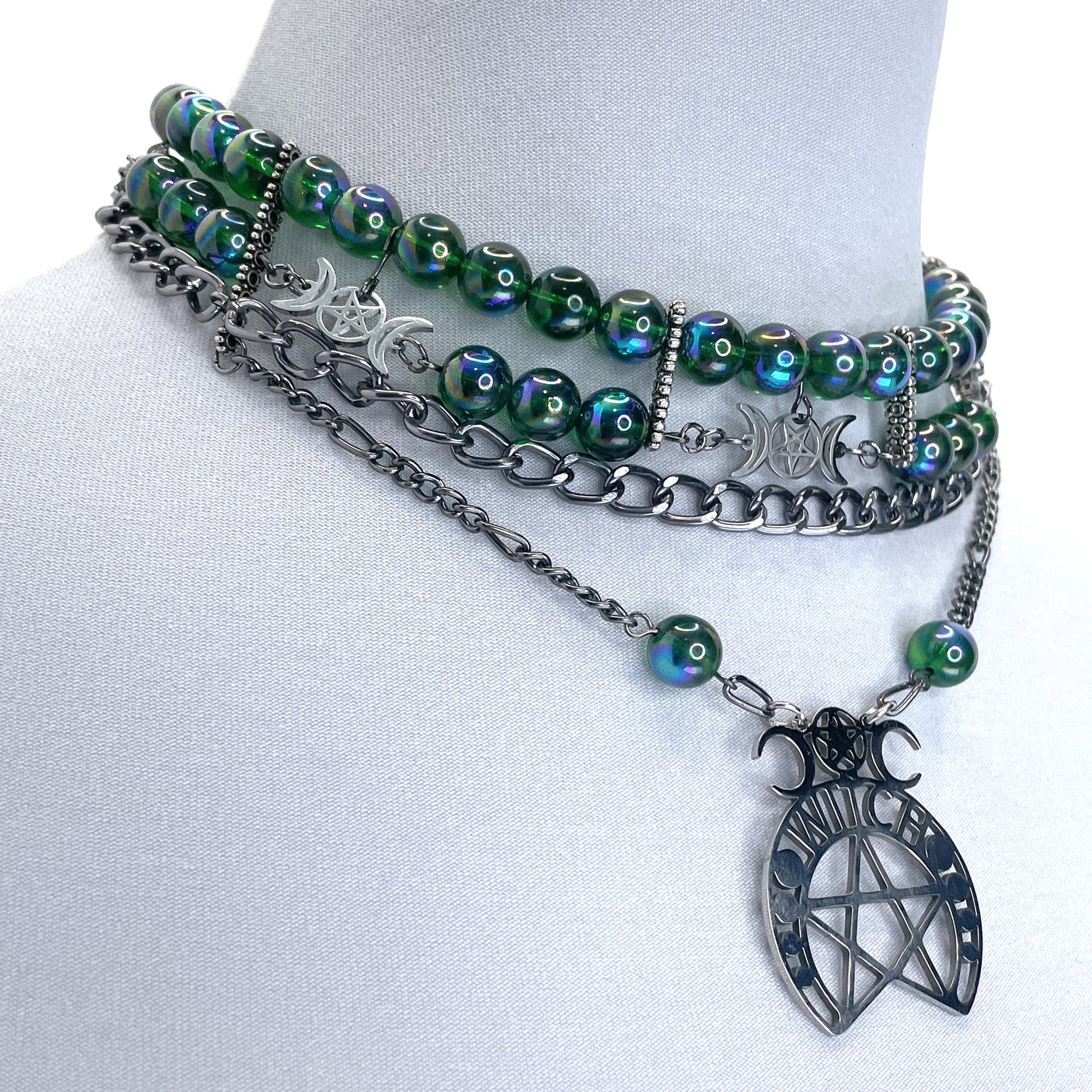 Iridescent Green Beaded Choker with Silver Crescent Moons and Pentacles Gothic Necklace