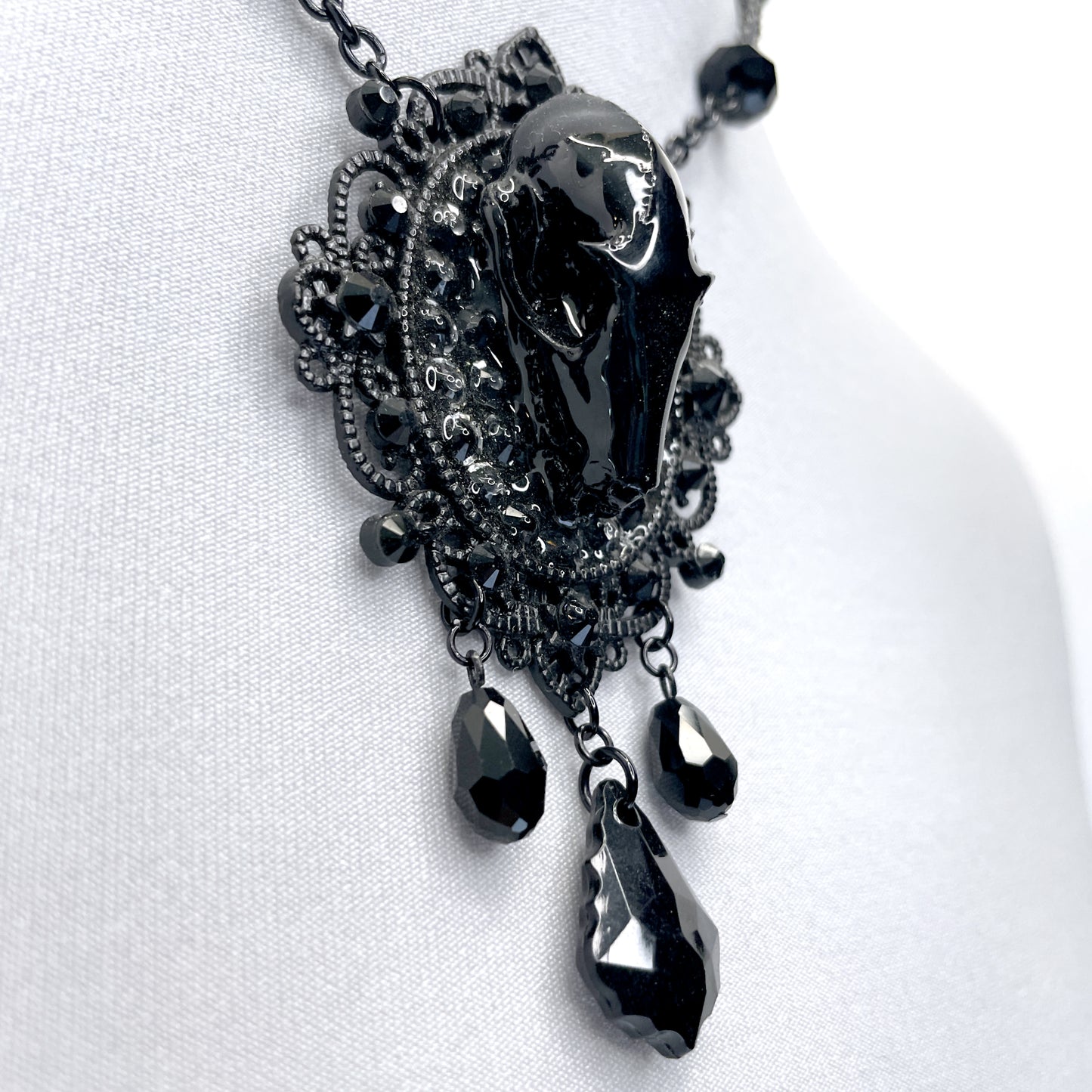 Black Bat Skull and Beads Gothic Necklace