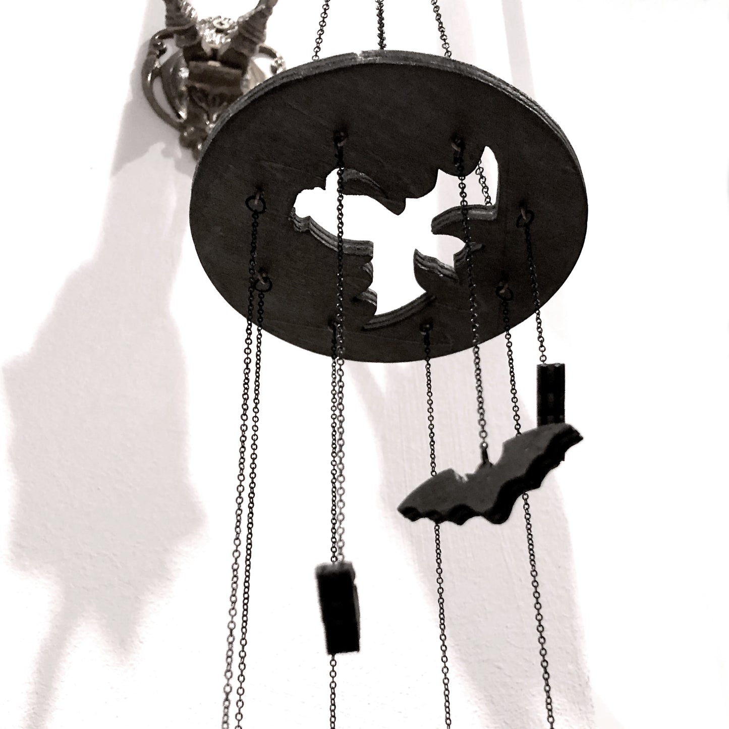 Small Black Stained Wood Bat Mobile with 8 Flying Bats