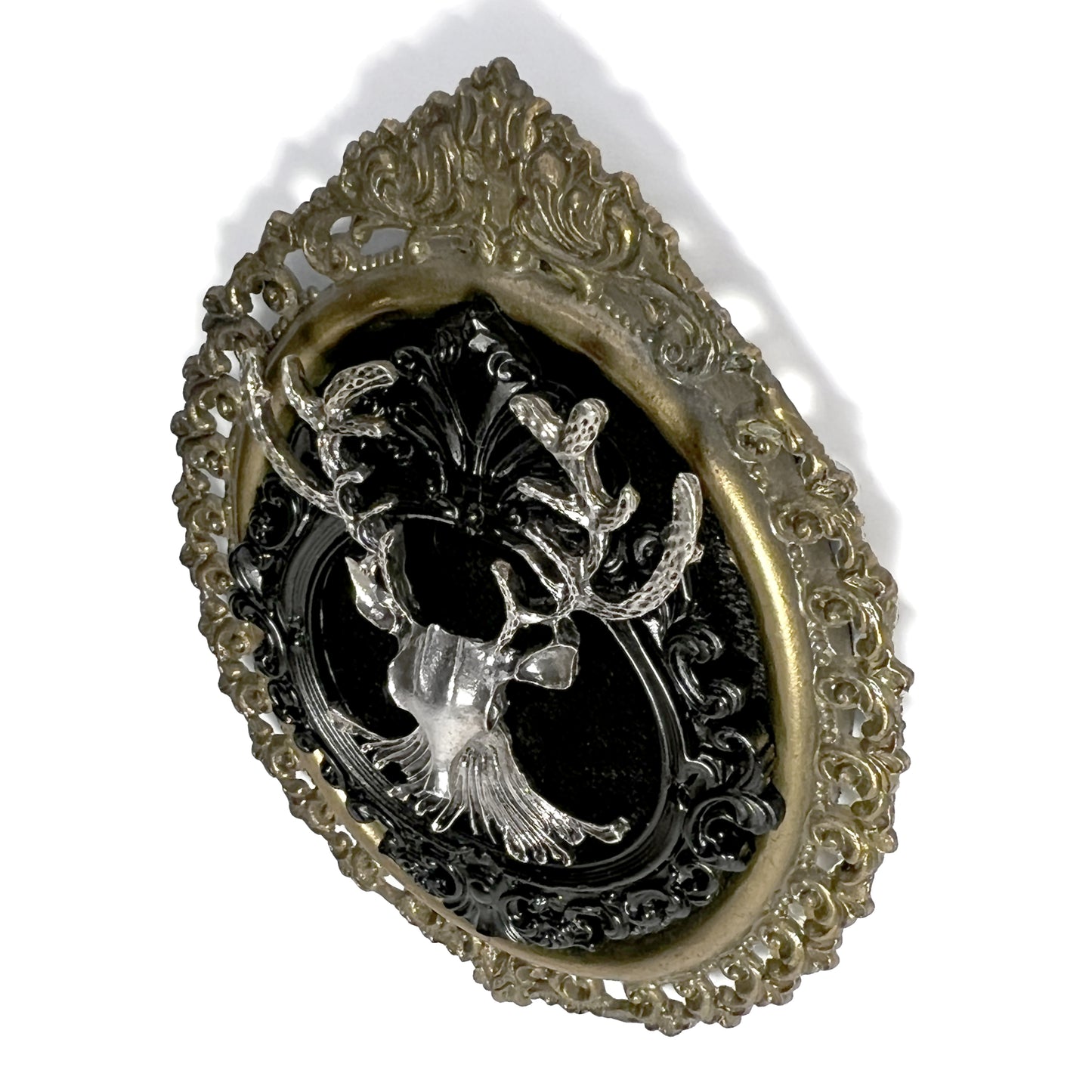 Silver Deer Head on Black Velvet Antique Framed Home Deco