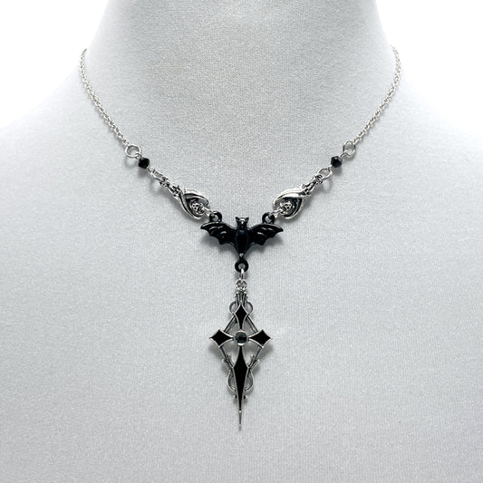Silver and Black Three Bat Necklace with a Pointed Gothic Cross