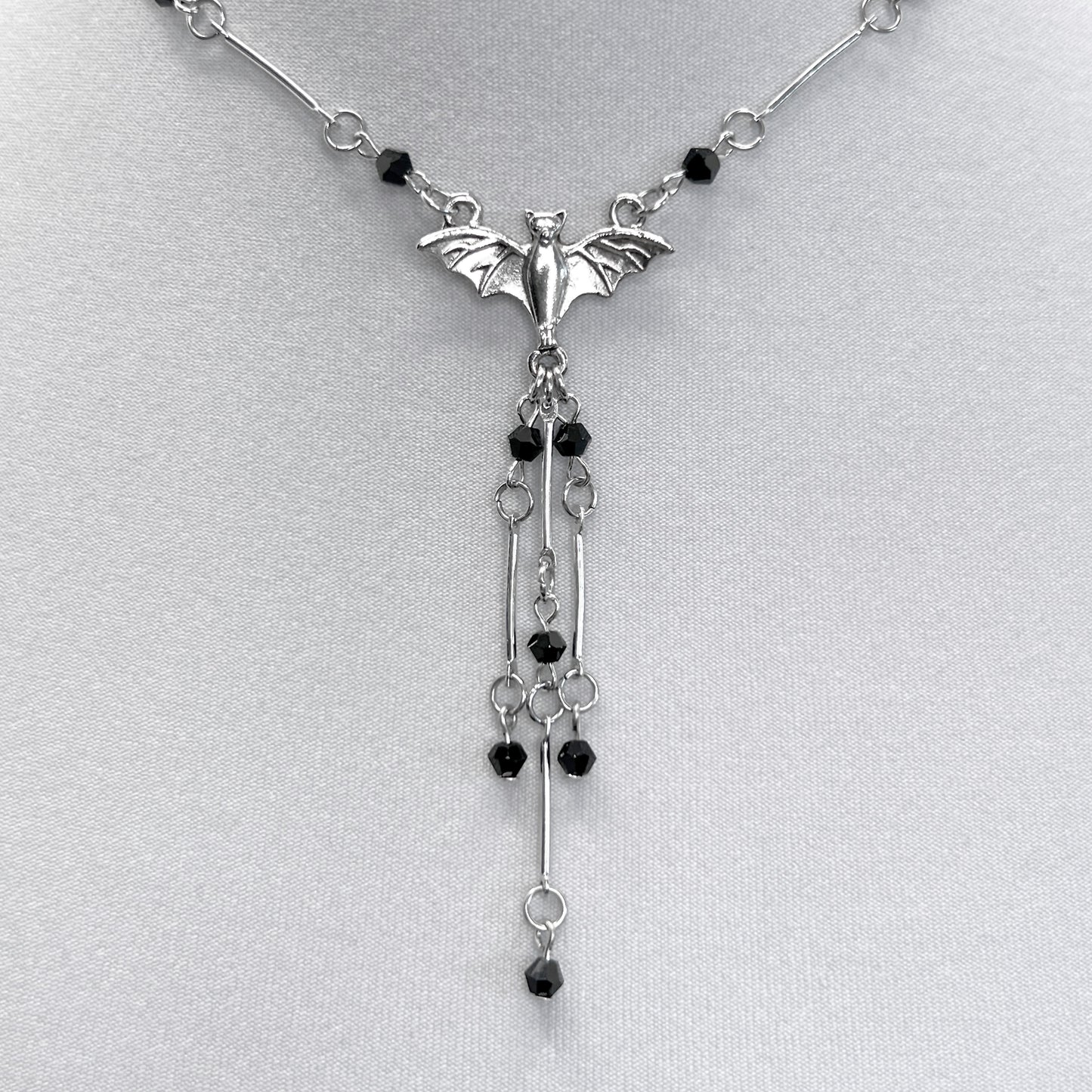 Silver Bat and Black Beads Necklace