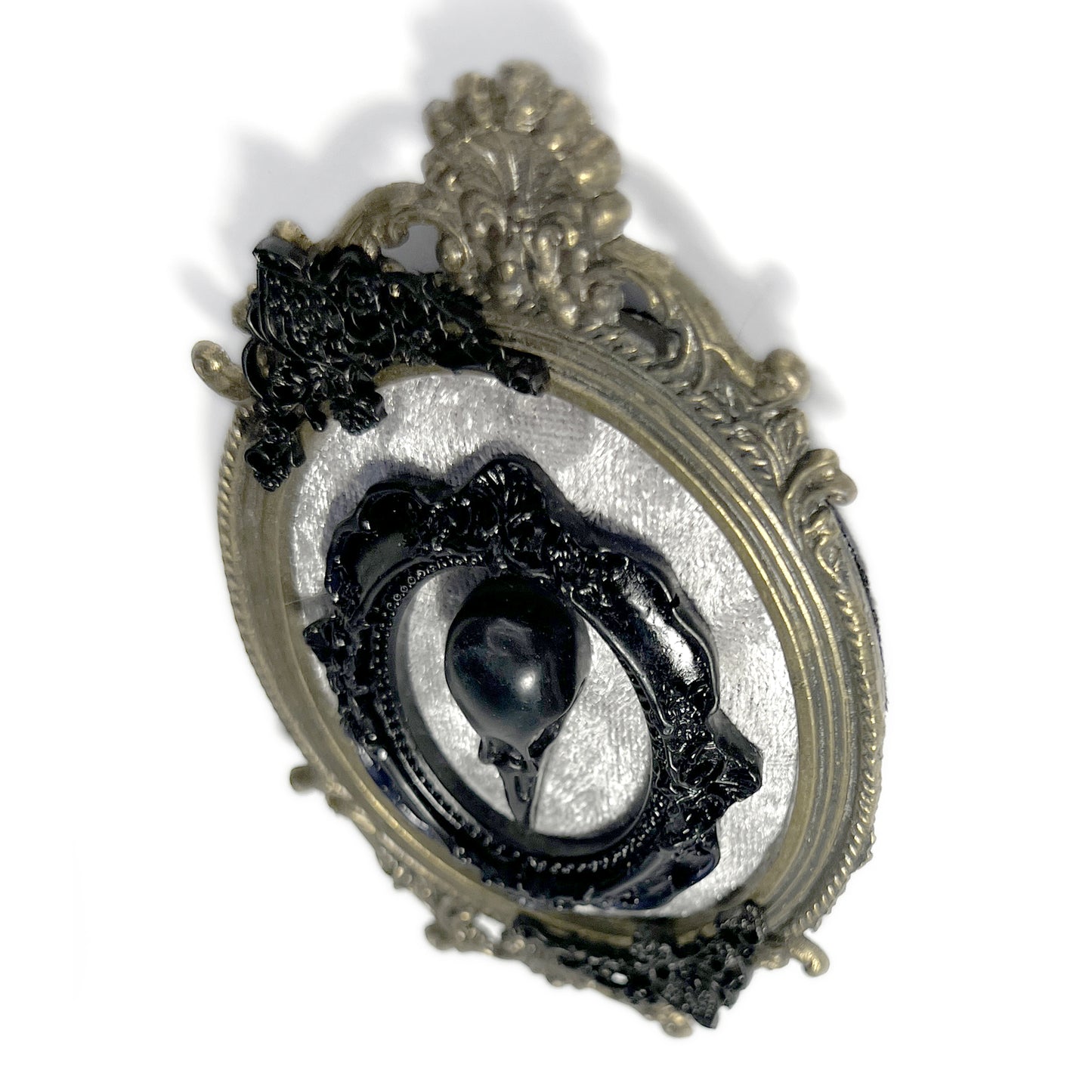 Black Resin Bird Skull on Grey Velvet Antique Framed Home Deco
