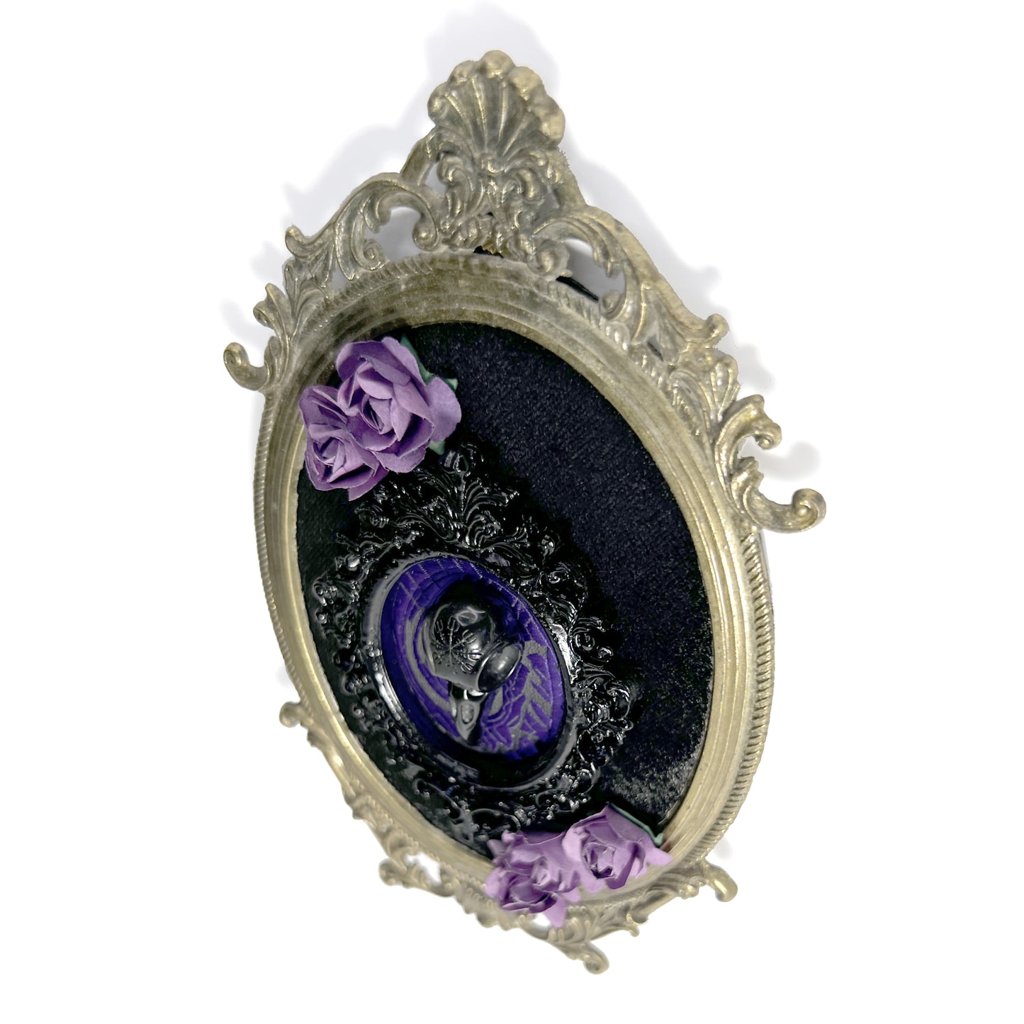 Black Resin Bird Skull on Black & Purple Antique Framed Home Deco