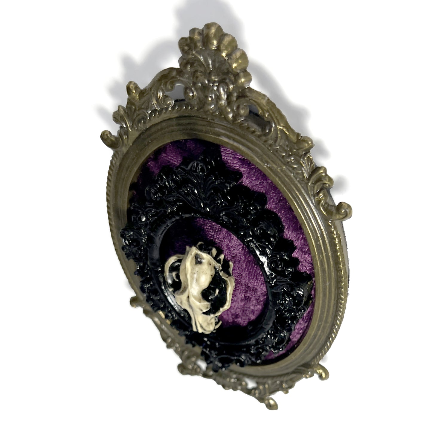 Resin Wolf Skull on Plum Velvet Antique Framed Home Deco