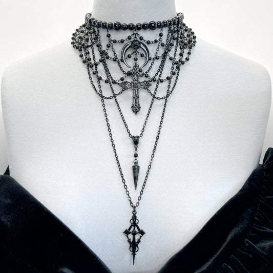 Black Multi-Strand Beaded Gothic Necklace with 4 Pendants