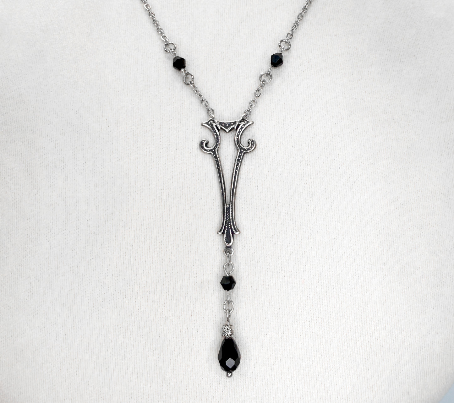 Silver Art Nouveau Charm with Black Beads and SIlver Chain Long Gothic Necklace