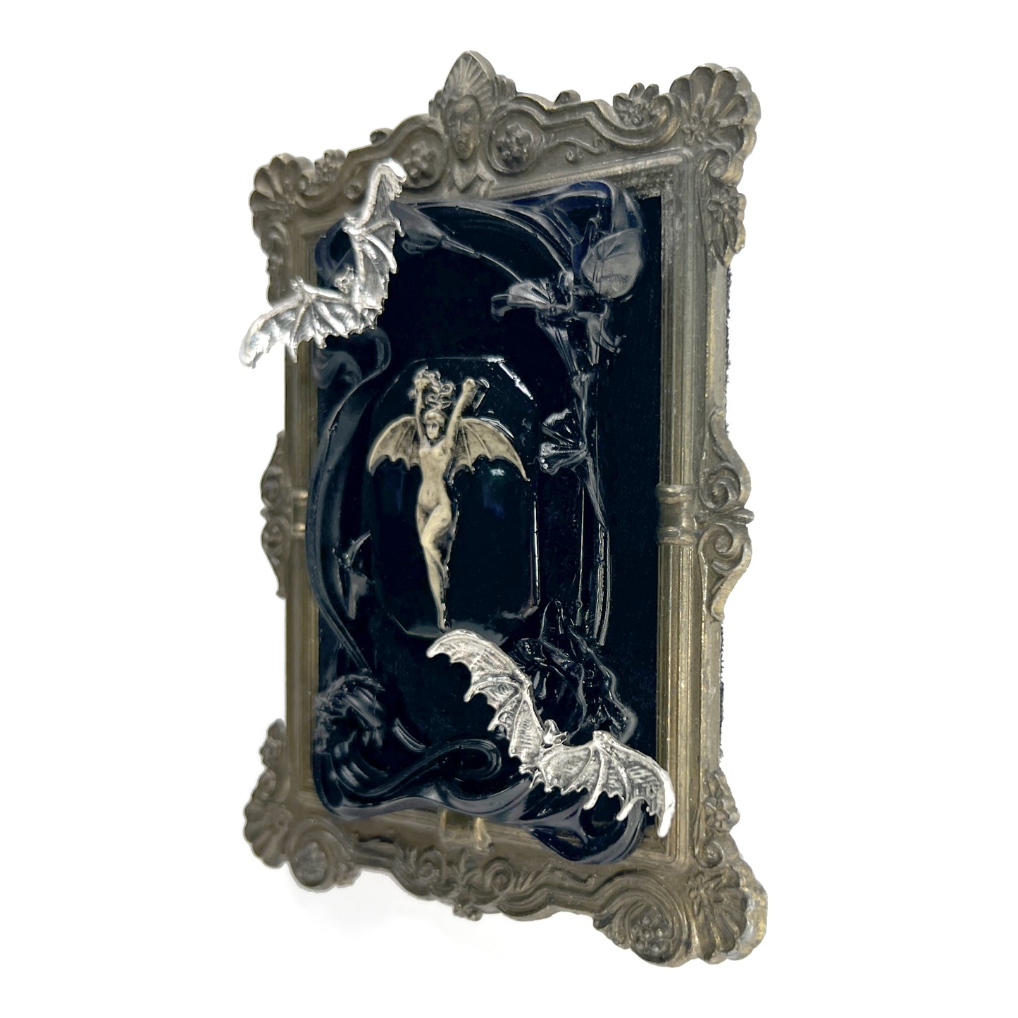 Black Bat Woman with Bats Antique Framed Home Deco