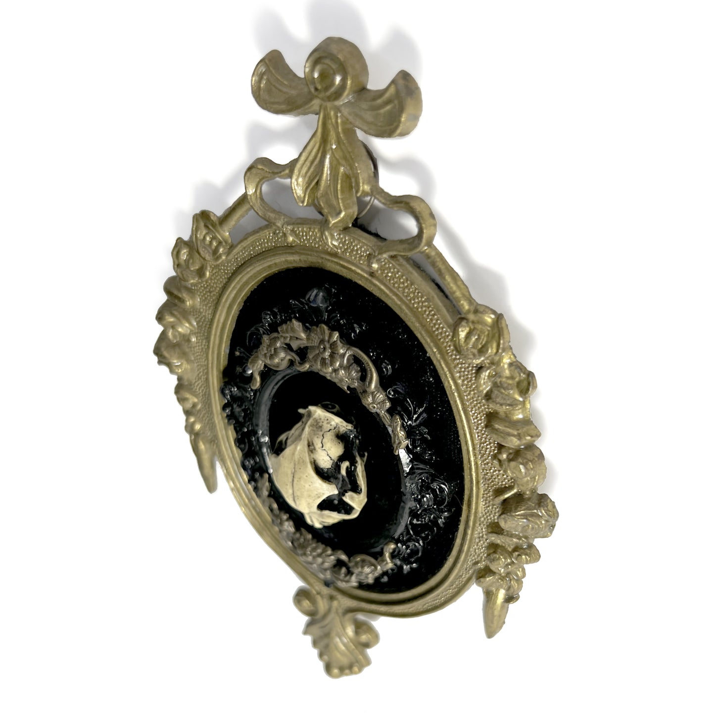 Resin Cat Skull on Black Velvet Antique Framed Home Deco