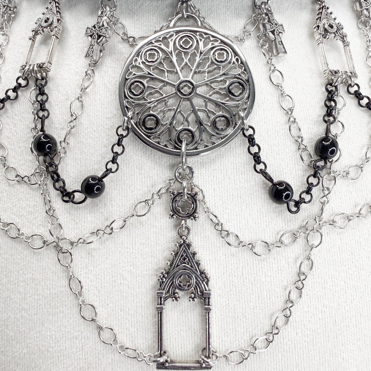 5 Row Black Glass Bead Gothic Choker Cathedral-Themed Necklace