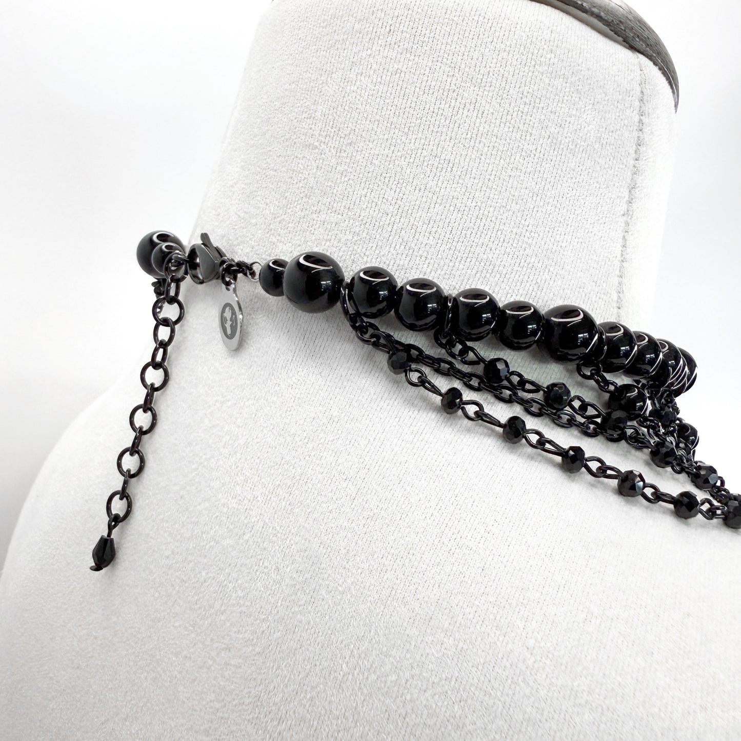 Black Multi-Strand Beaded Gothic Necklace with 4 Pendants