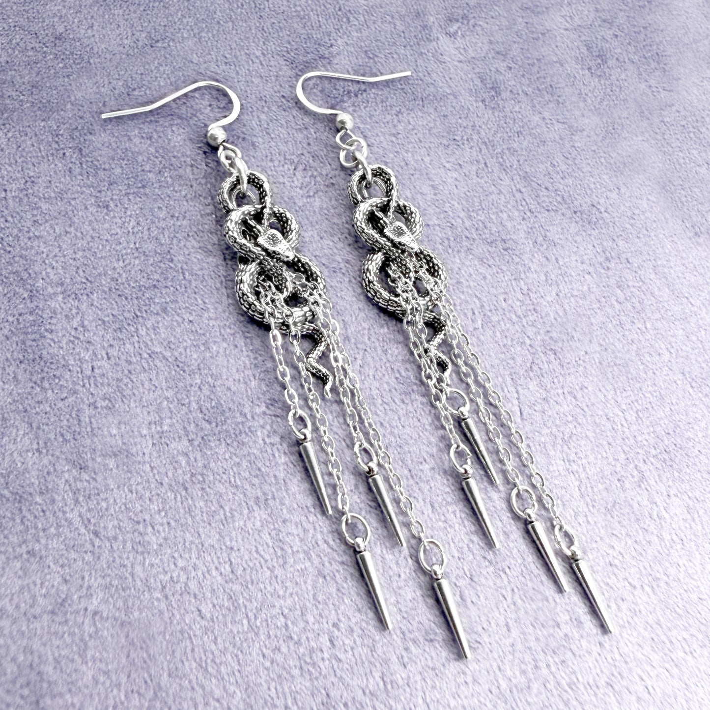 Silver Coiled Snake and Chain Earrings
