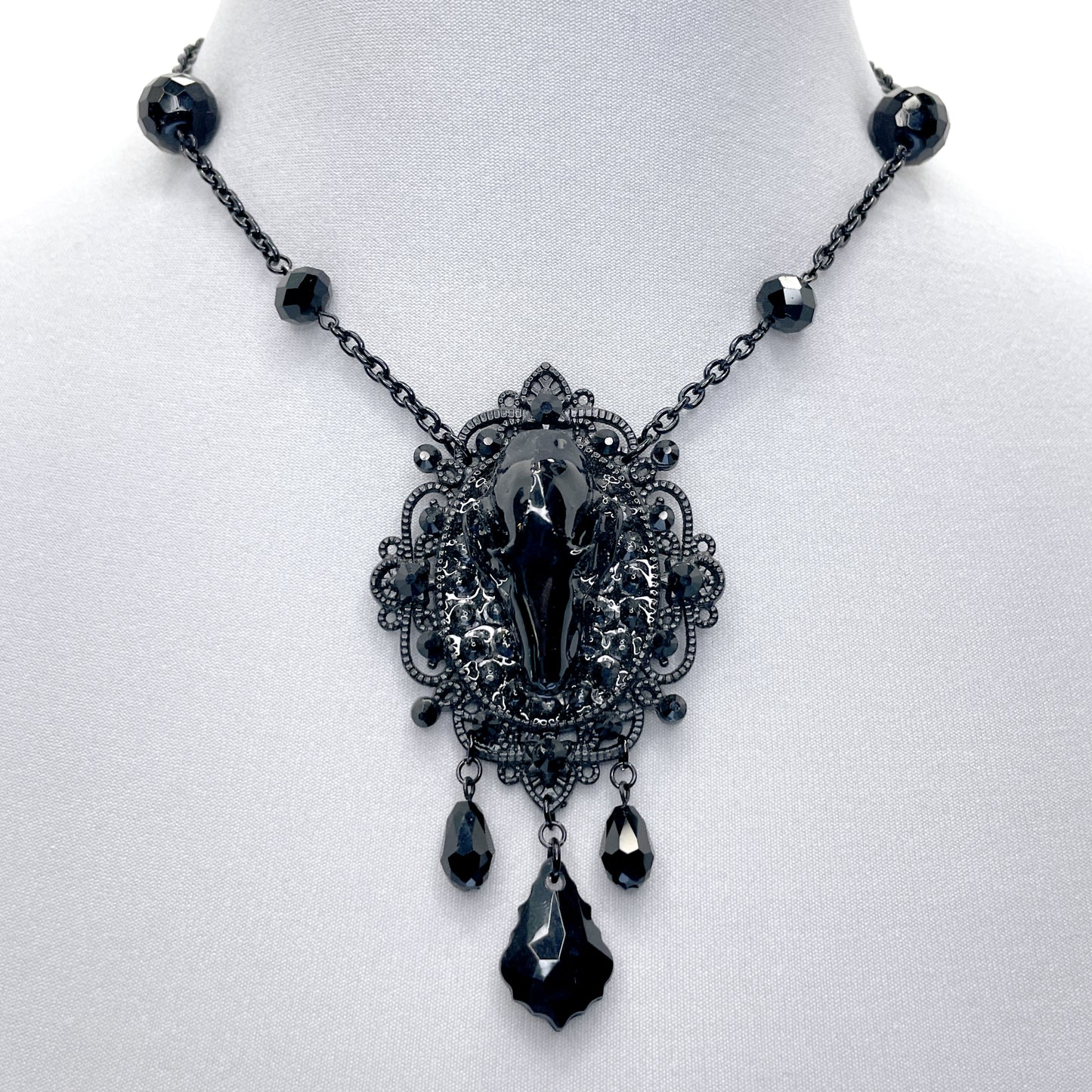 Black Bat Skull and Beads Gothic Necklace