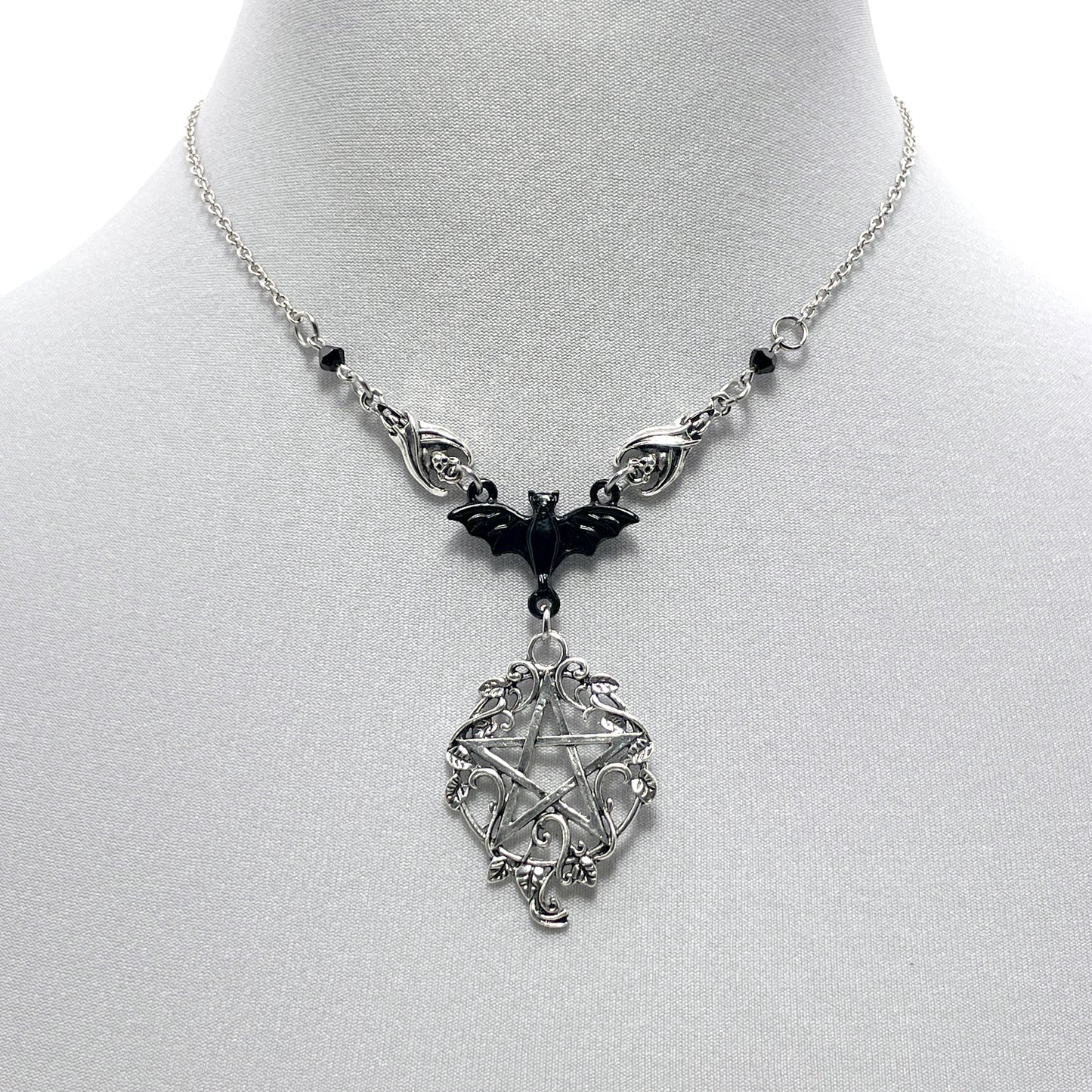 Silver and Black Three Bat Necklace with a Gothic Pentacle