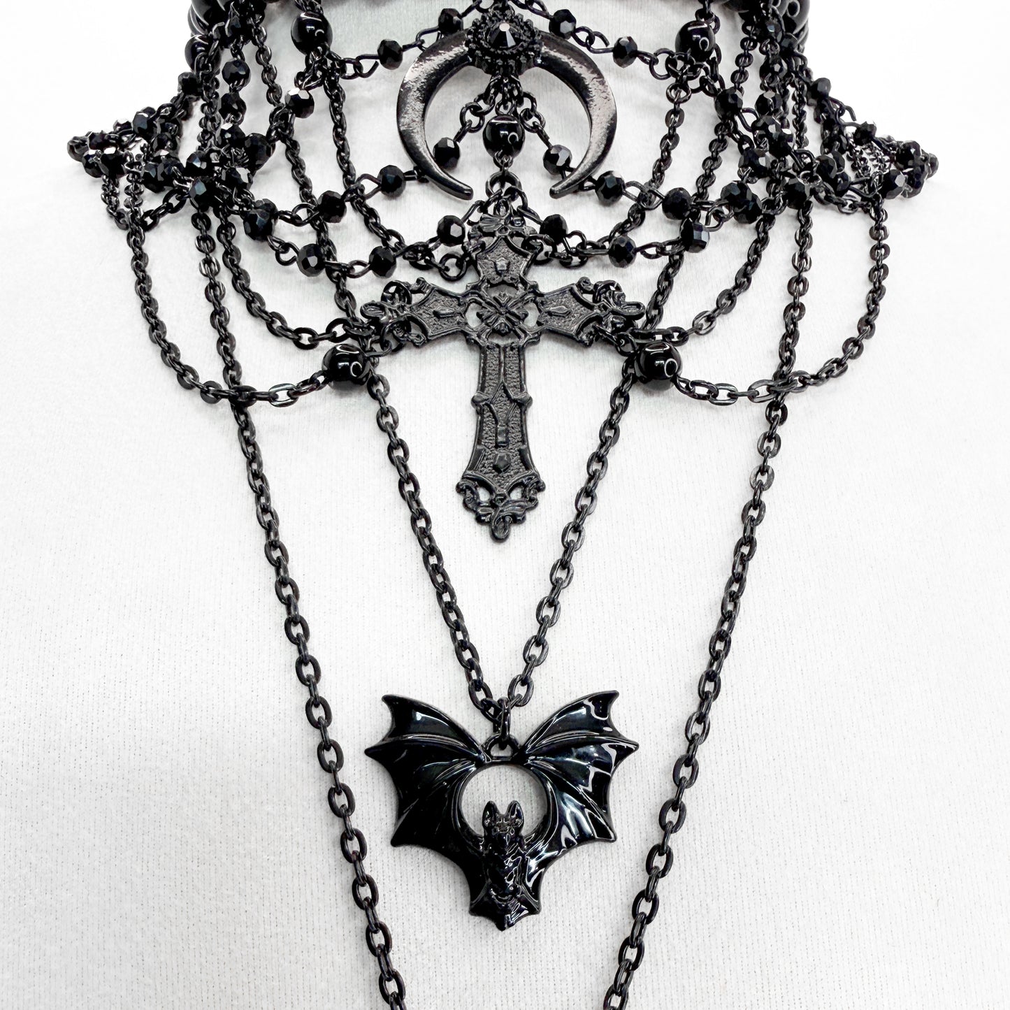 Black Multi-Strand Beaded Gothic Necklace with 4 Pendants