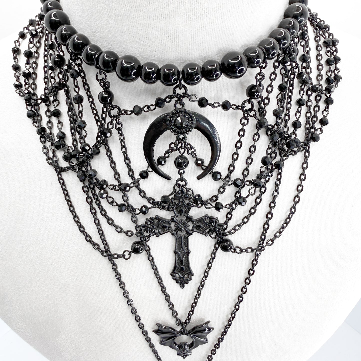 Black Multi-Strand Beaded Gothic Necklace with 4 Pendants