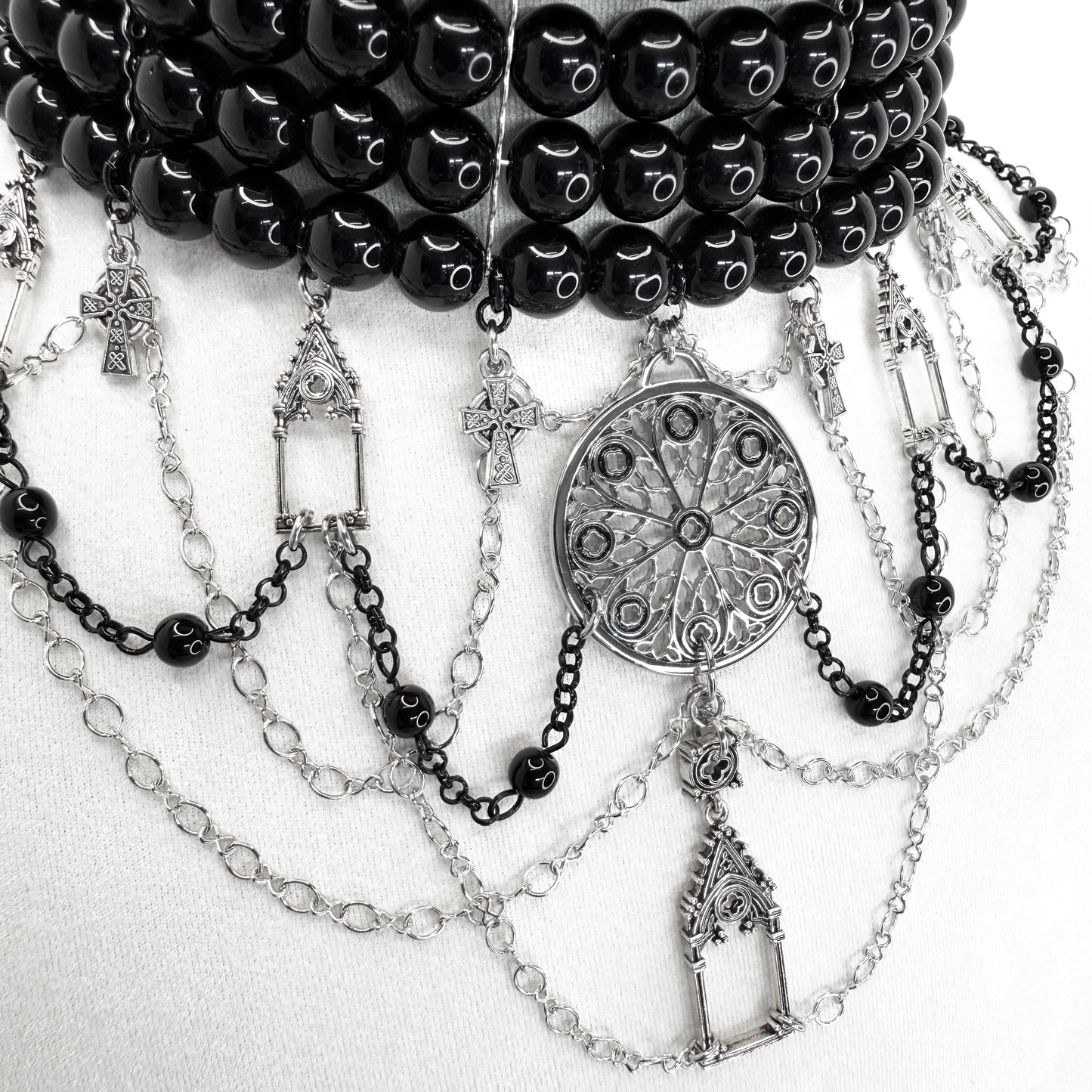5 Row Black Glass Bead Gothic Choker Cathedral-Themed Necklace