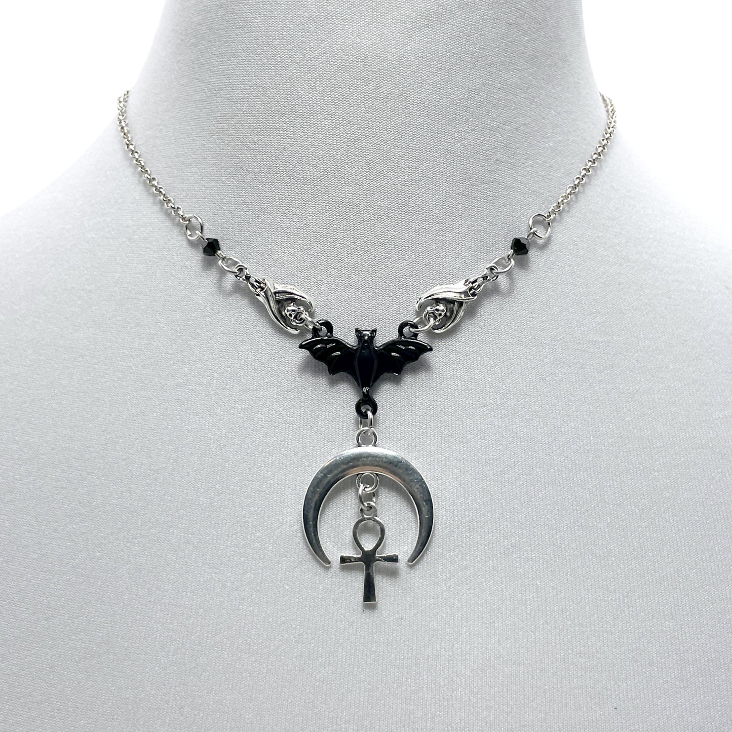 Silver and Black Three Bat Necklace with a Gothic Moon and Ankh