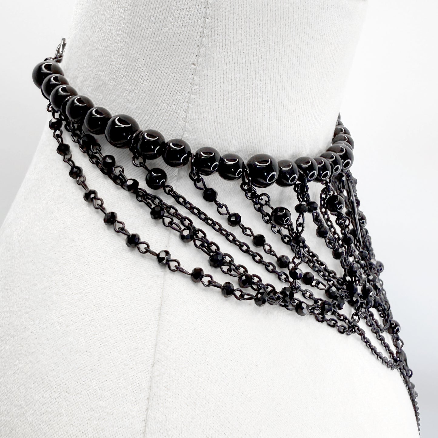 Black Multi-Strand Beaded Gothic Necklace with 4 Pendants