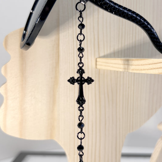 Black Gothic Cross with Black Beads and Black Chain for Glasses