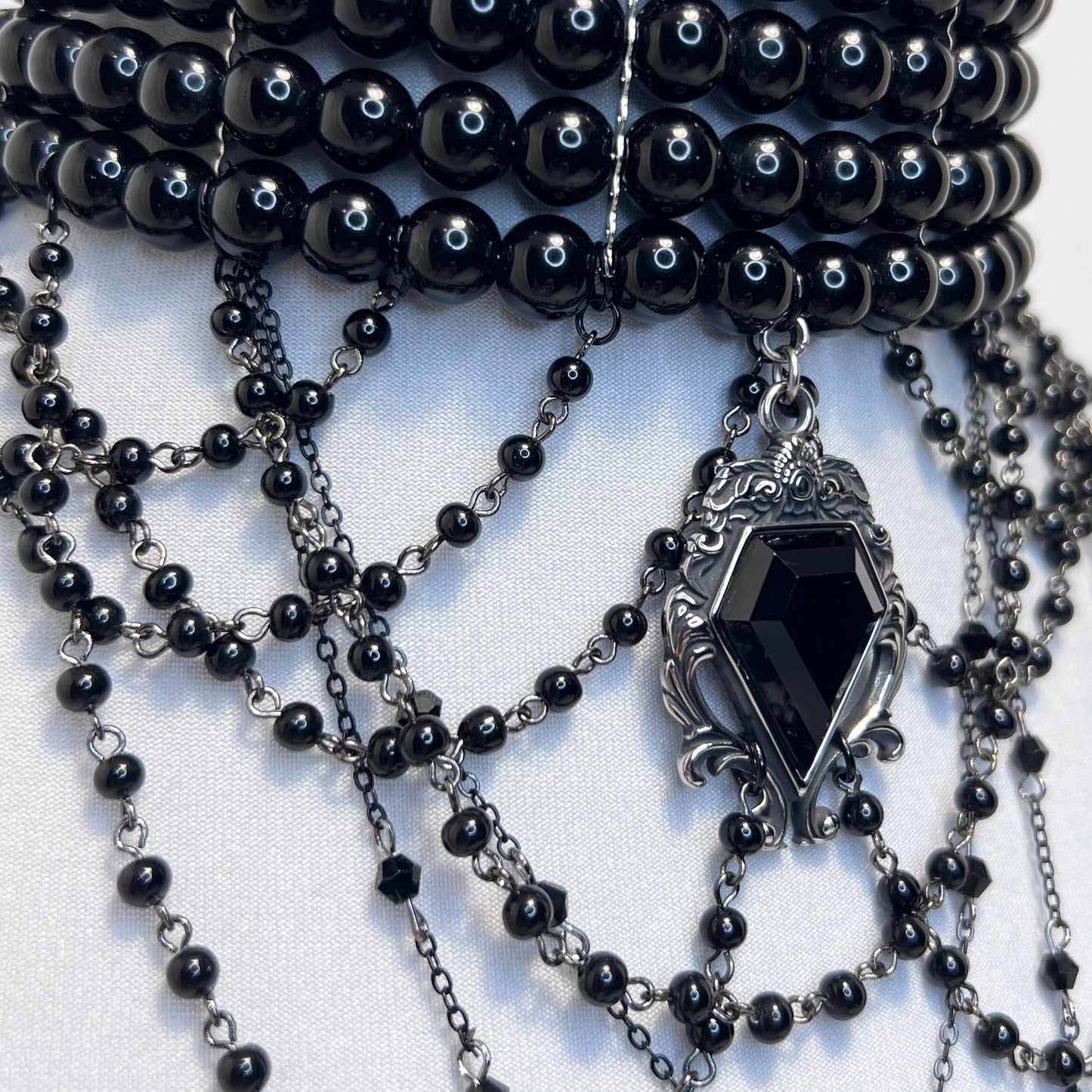 5 Row Black Glass Bead Gothic Choker Necklace with Beaded Chain