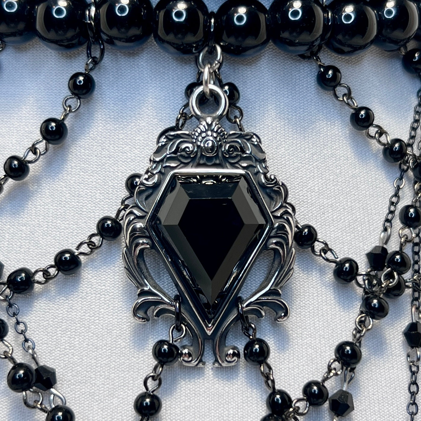 5 Row Black Glass Bead Gothic Choker Necklace with Beaded Chain