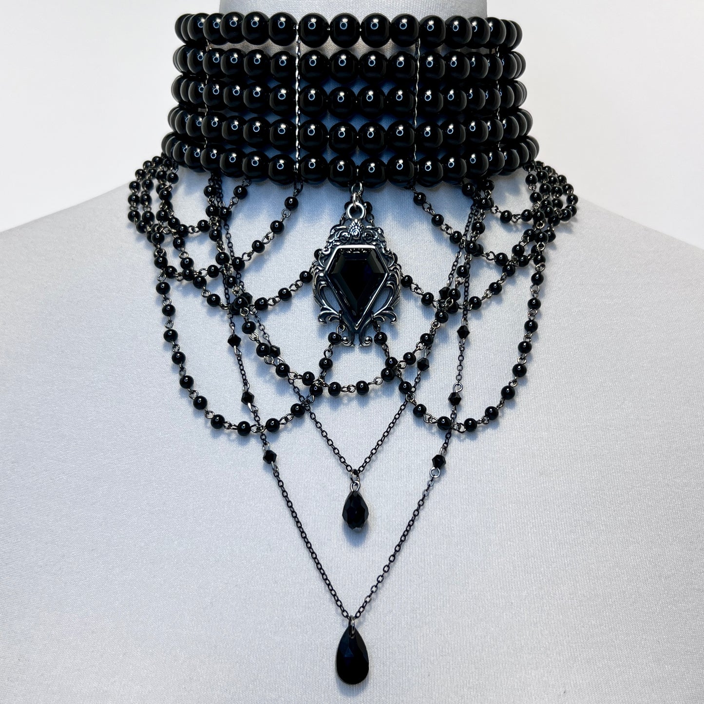 5 Row Black Glass Bead Gothic Choker Necklace with Beaded Chain
