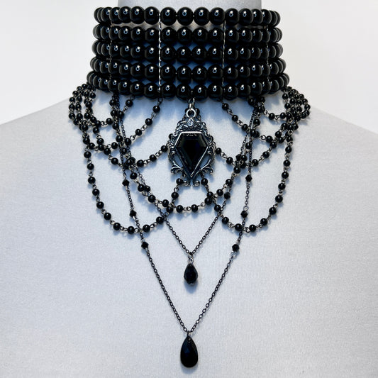 5 Row Black Glass Bead Gothic Choker Necklace with Beaded Chain